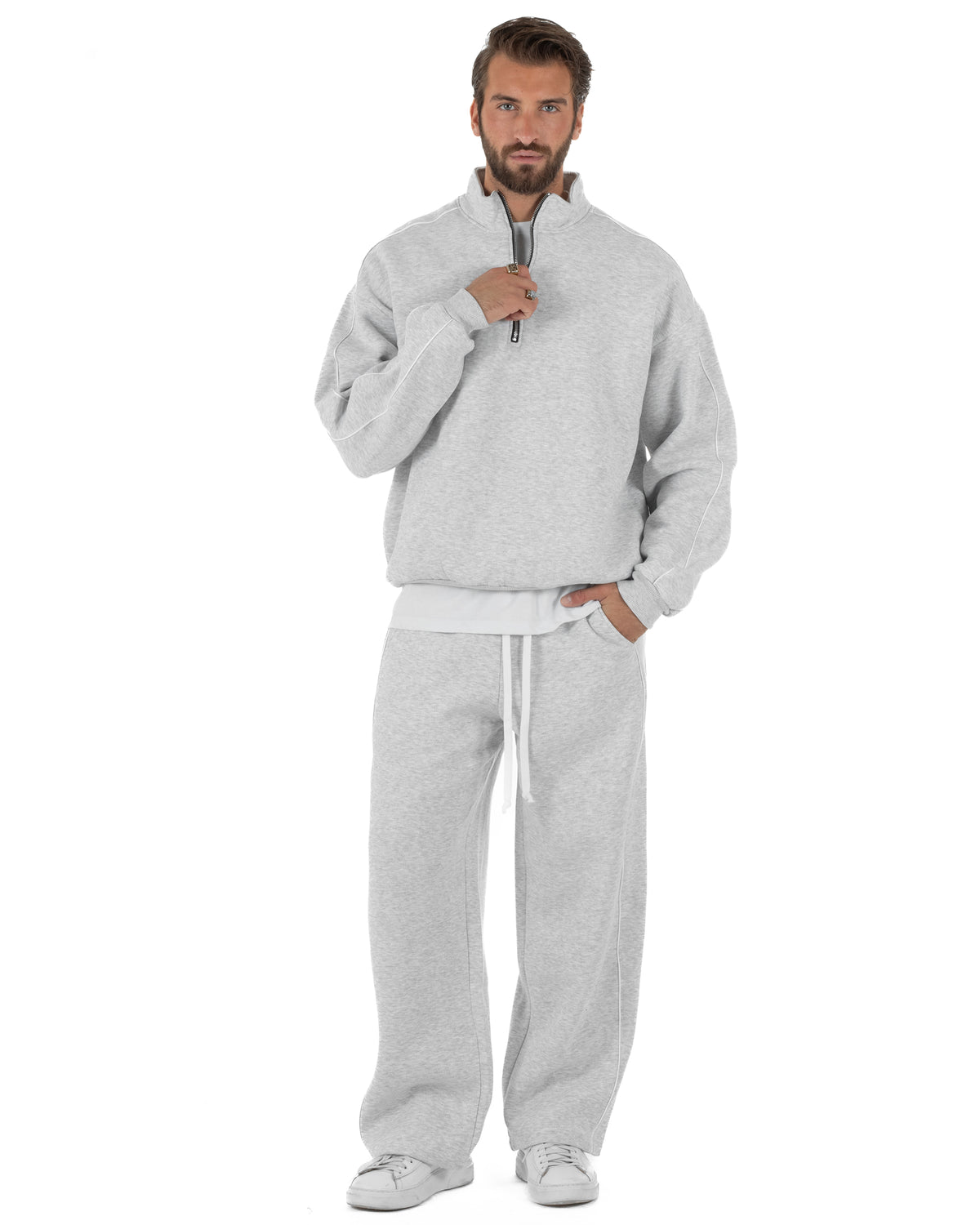 Coordinato tuta uomo oversize collo alto felpa mezza zip pantaloni wide leg grigio GIOSAL-OU2582A