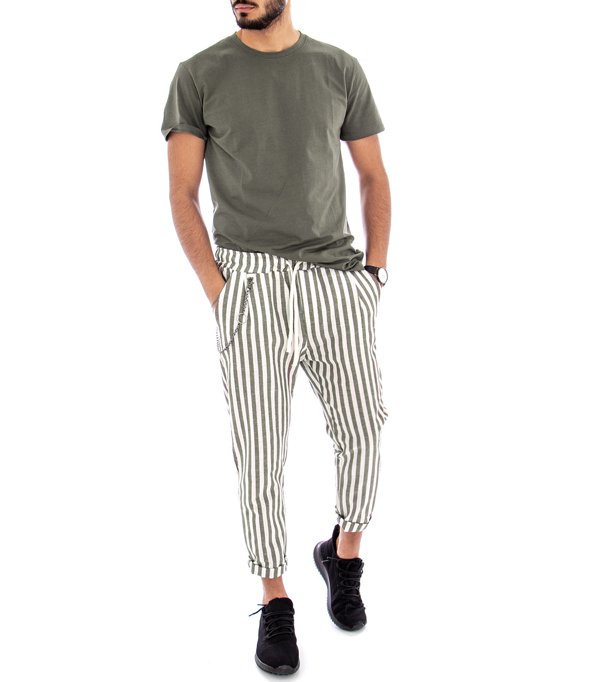 Men's Linen Trousers Striped Elastic Low Crotch Green Casual Tracksuit Trousers GIOSAL