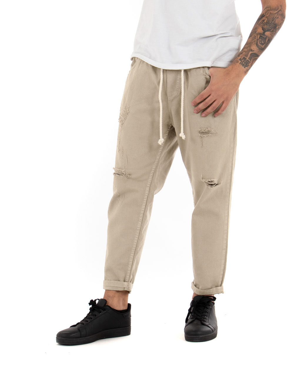 Men's Jeans Trousers Regular Fit Beige Bull Trousers With Casual Rips GIOSAL-P4096A