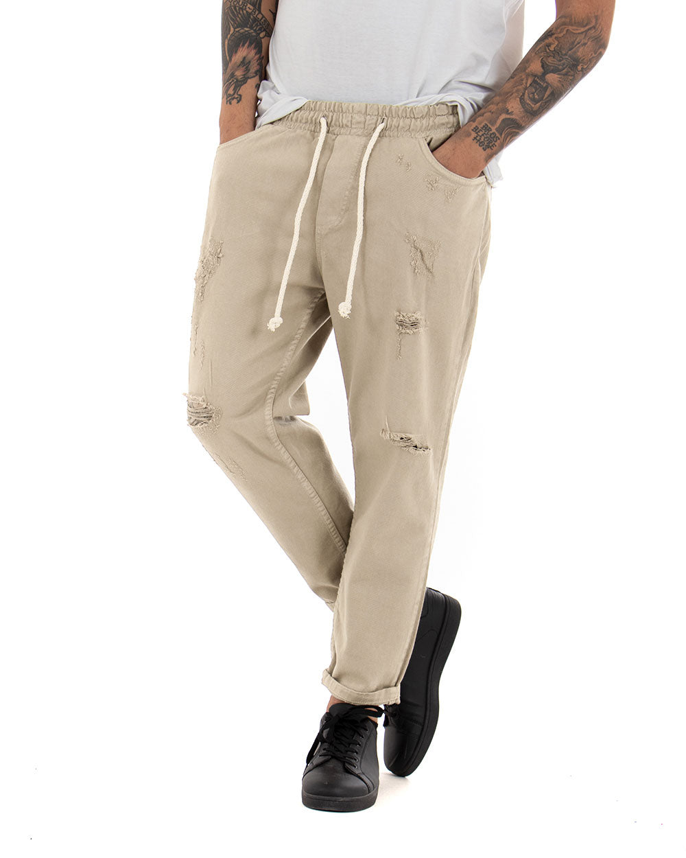Pantaloni Jeans Uomo Regular Fit Beige Pantalaccio Con Rotture Casual GIOSAL-P3528A
