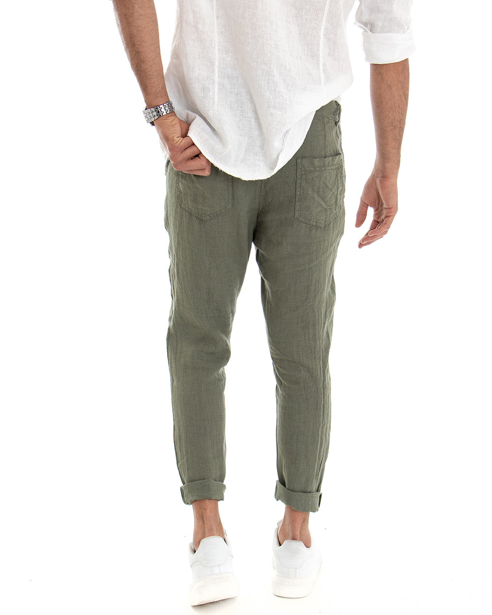 Men's Long Linen Trousers Solid Color Green Casual America Pocket Lace GIOSAL