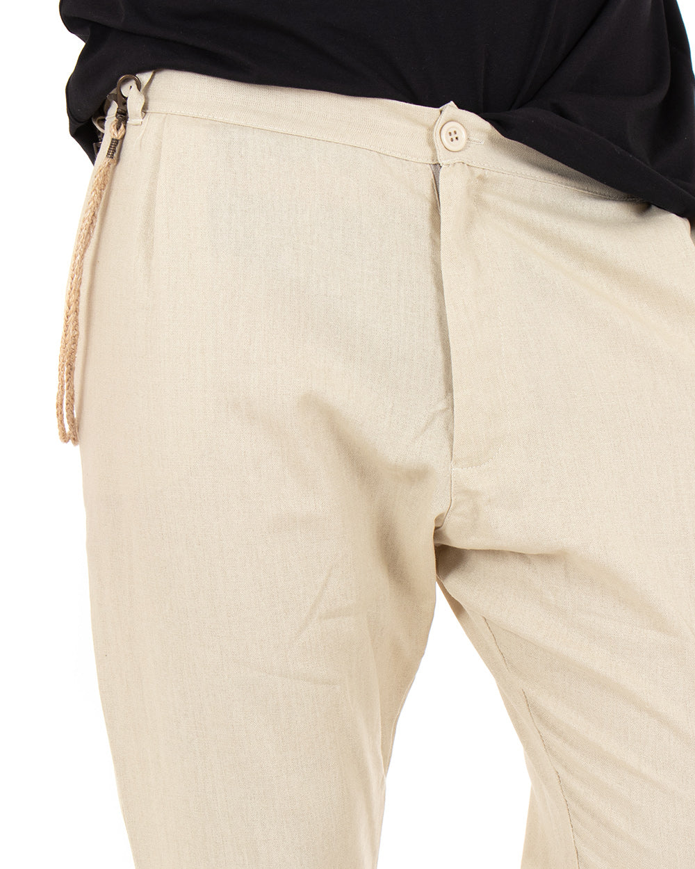 Men's Long Linen Trousers Solid Color Beige Casual America Pocket Button GIOSAL