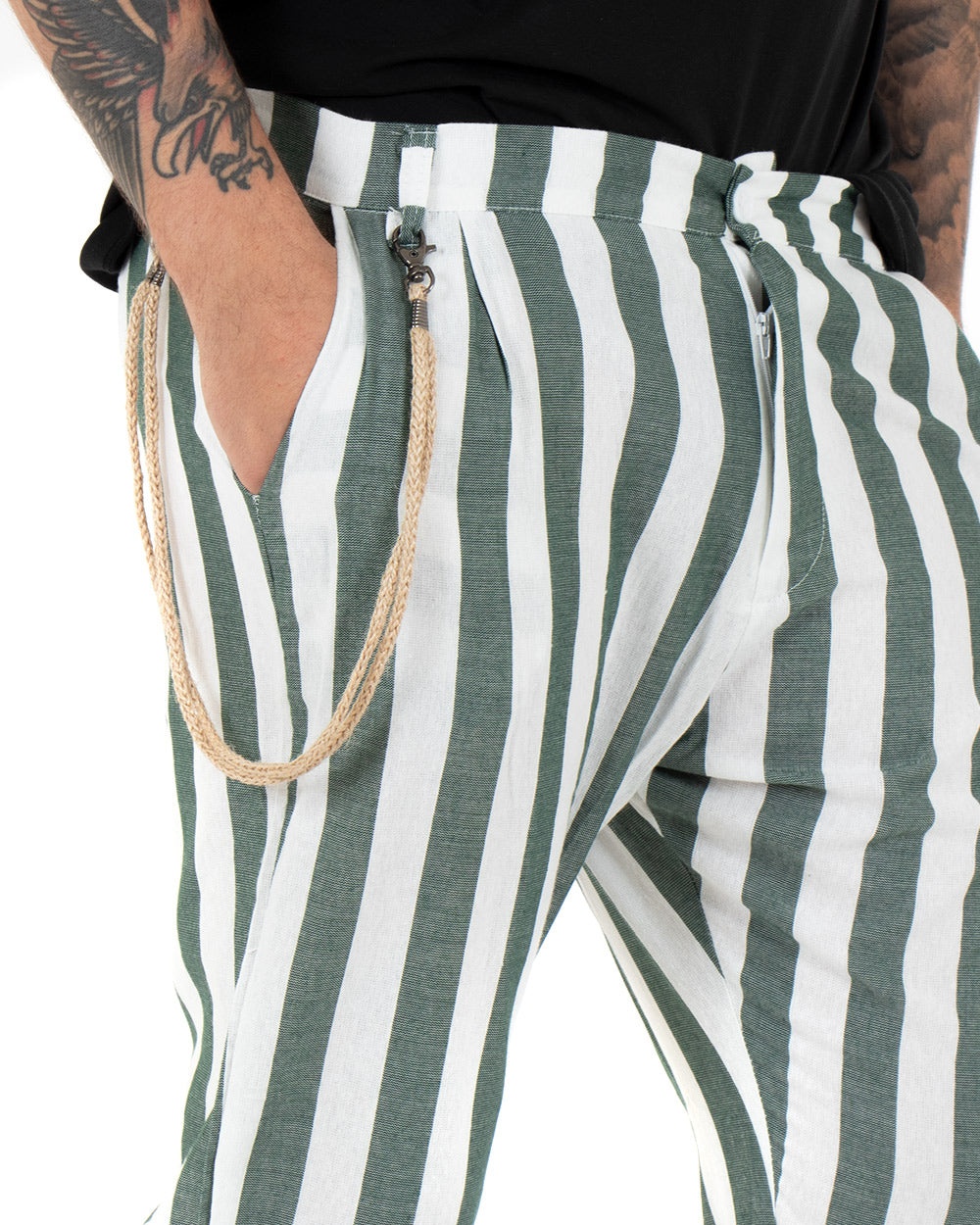 Men's Green Linen Casual Trousers America Pocket Striped Casual GIOSAL
