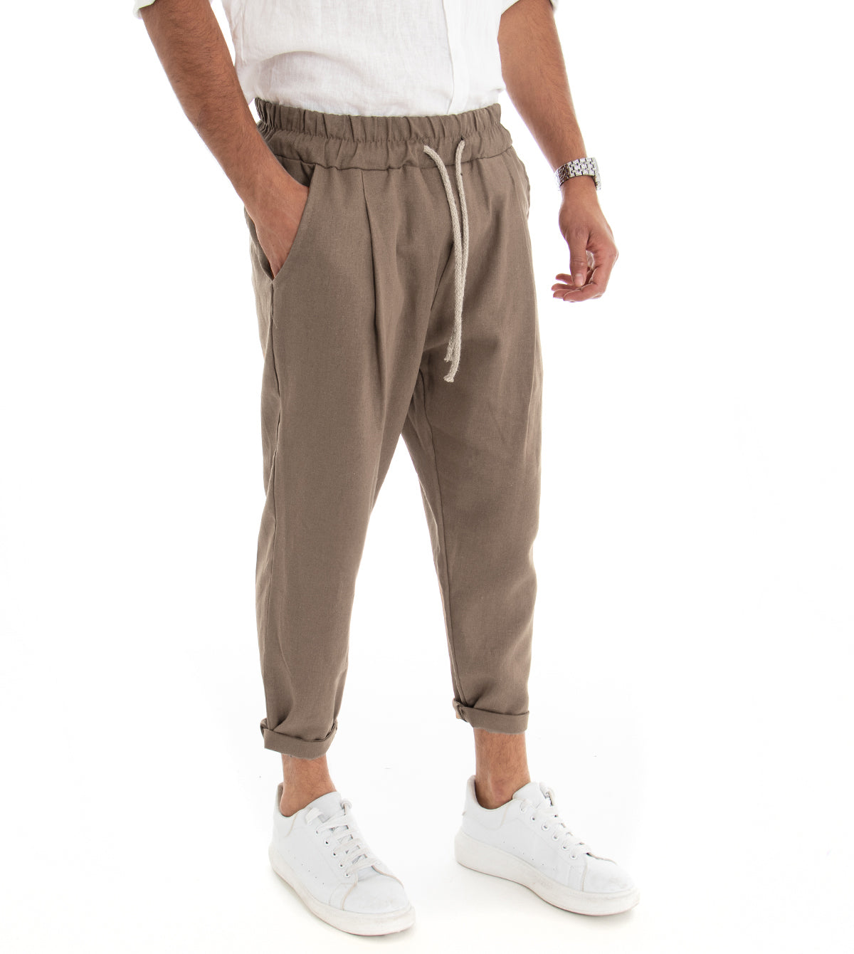 Men's Long Linen Solid Color Mud Trousers with America Pocket Elastic Drawstring GIOSAL