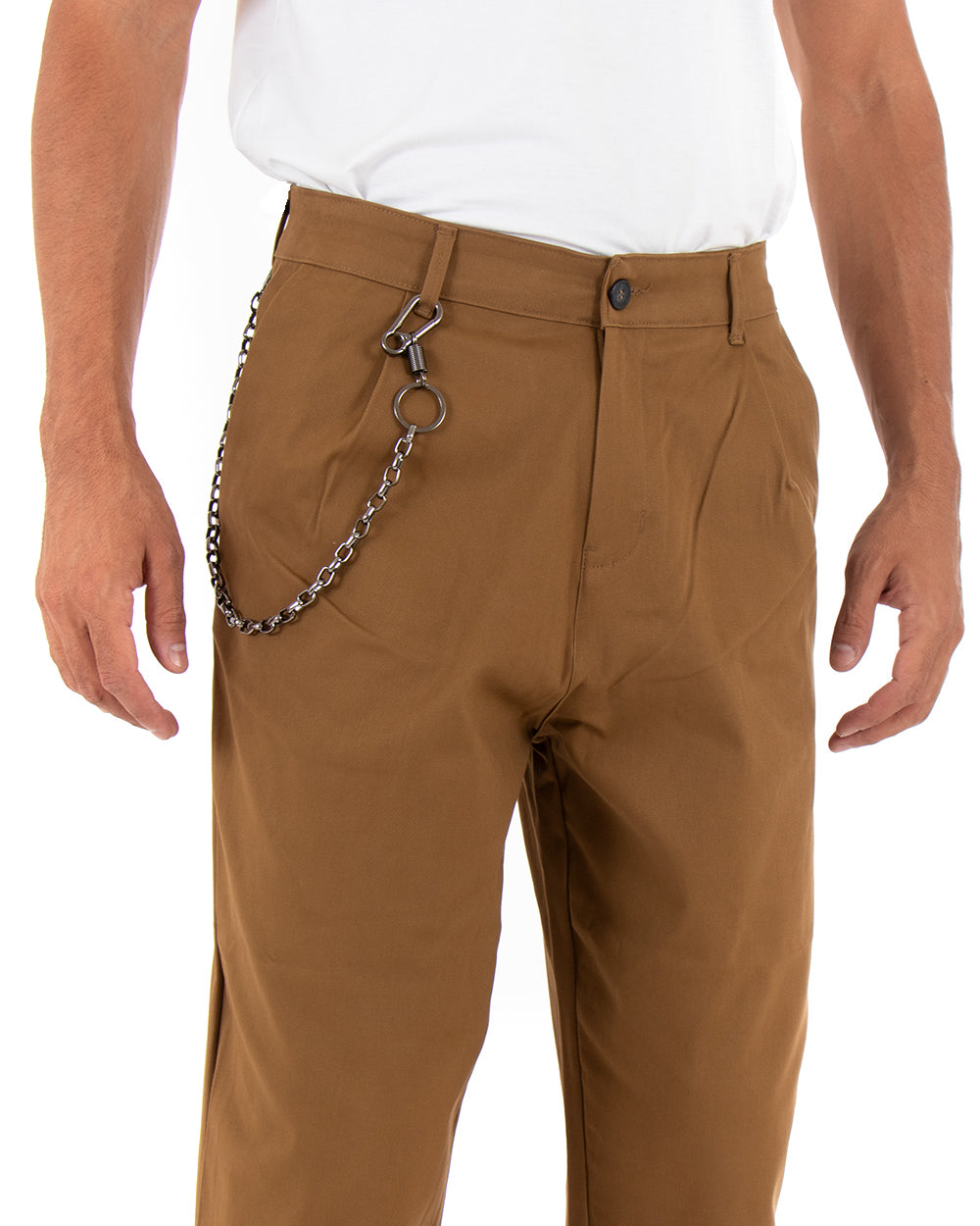 Long Men's Solid Color Camel Wide Fit Trousers with Chain Pleats GIOSAL