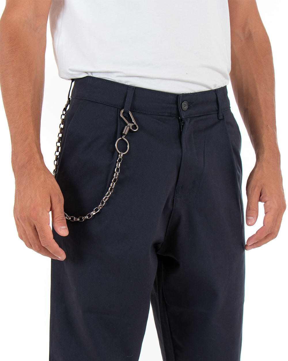 Long Men's Trousers Solid Color Blue Wide Fit Chain Pinces GIOSAL