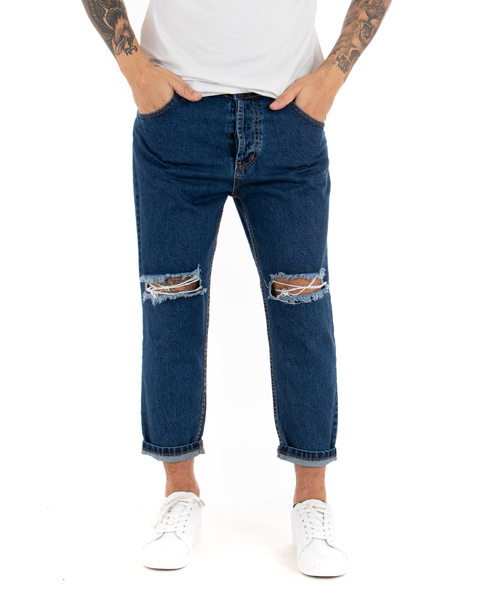 Men's Jeans Trousers Loose Fit Denim Knee Cut Five Pockets Casual GIOSAL-P3019A