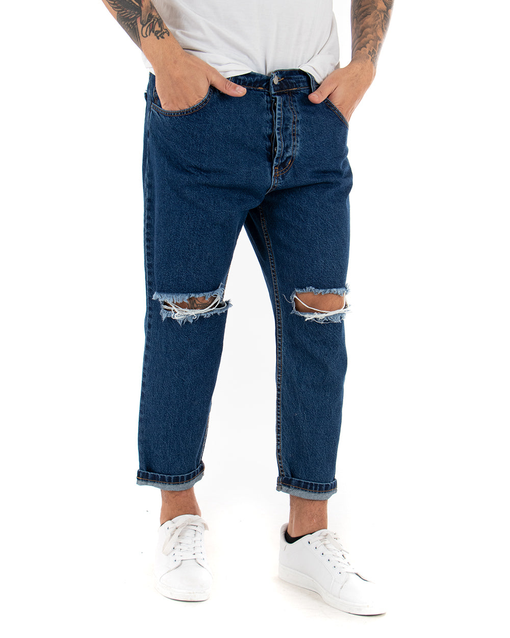 Men's Jeans Trousers Loose Fit Denim Knee Cut Five Pockets Casual GIOSAL-P3019A