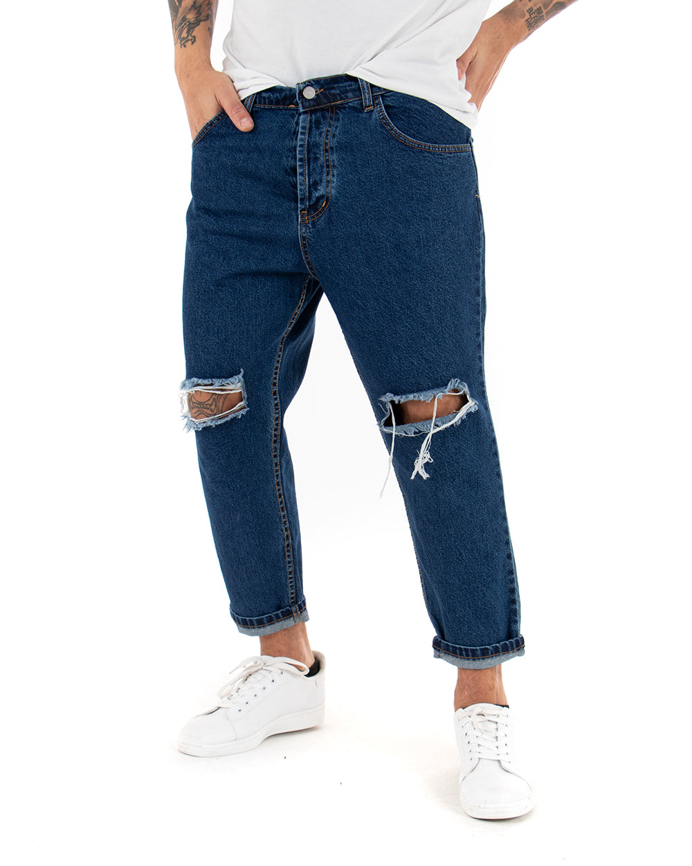 Pantaloni Jeans Uomo Loose Fit Denim Taglio Al Ginocchio Cinque Tasche Casual GIOSAL-P3019A