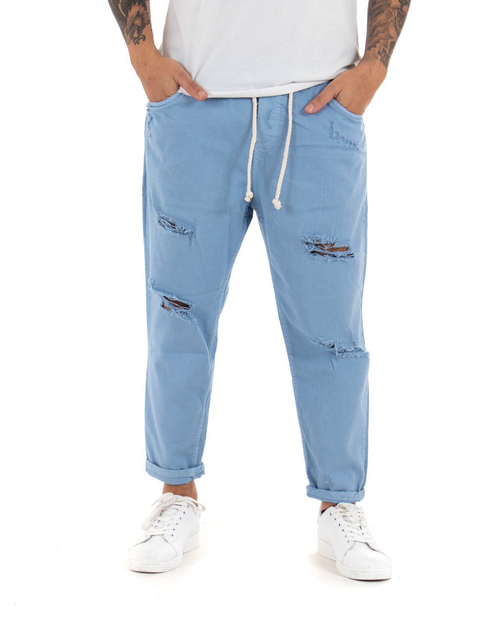 Pantaloni Jeans Uomo Regular Fit Azzurro Pantalaccio Bull Con Rotture Casual GIOSAL-P4094A