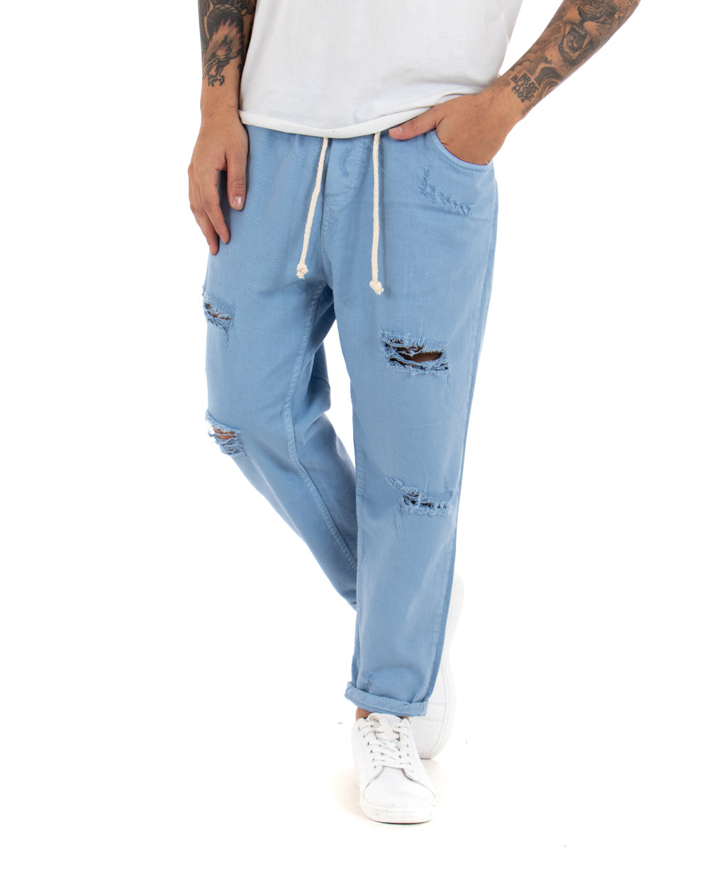 Pantaloni Jeans Uomo Regular Fit Azzurro Pantalaccio Bull Con Rotture Casual GIOSAL-P4094A