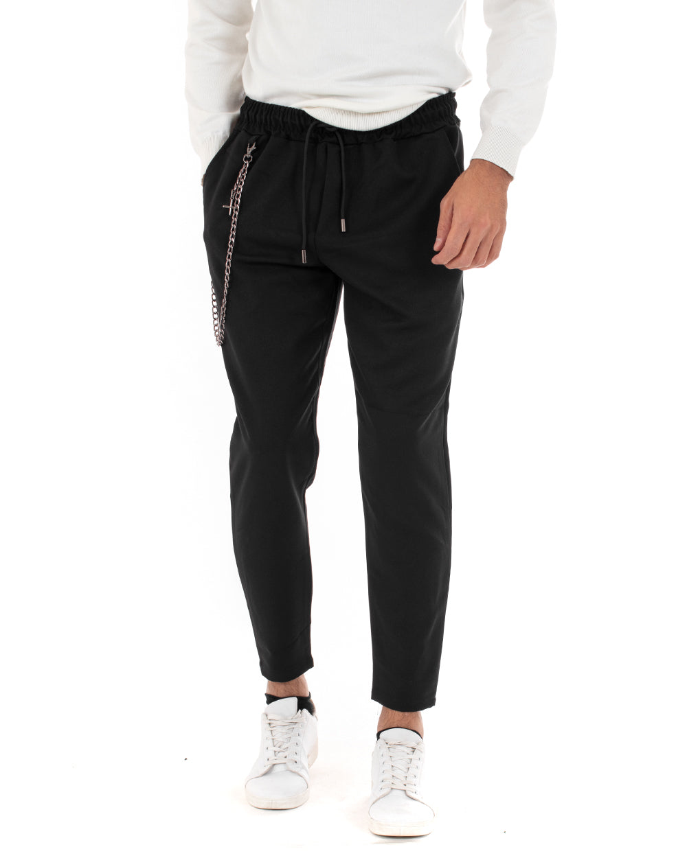Men's Long Elastic Drawstring Pants Solid Color Chain Black GIOSAL
