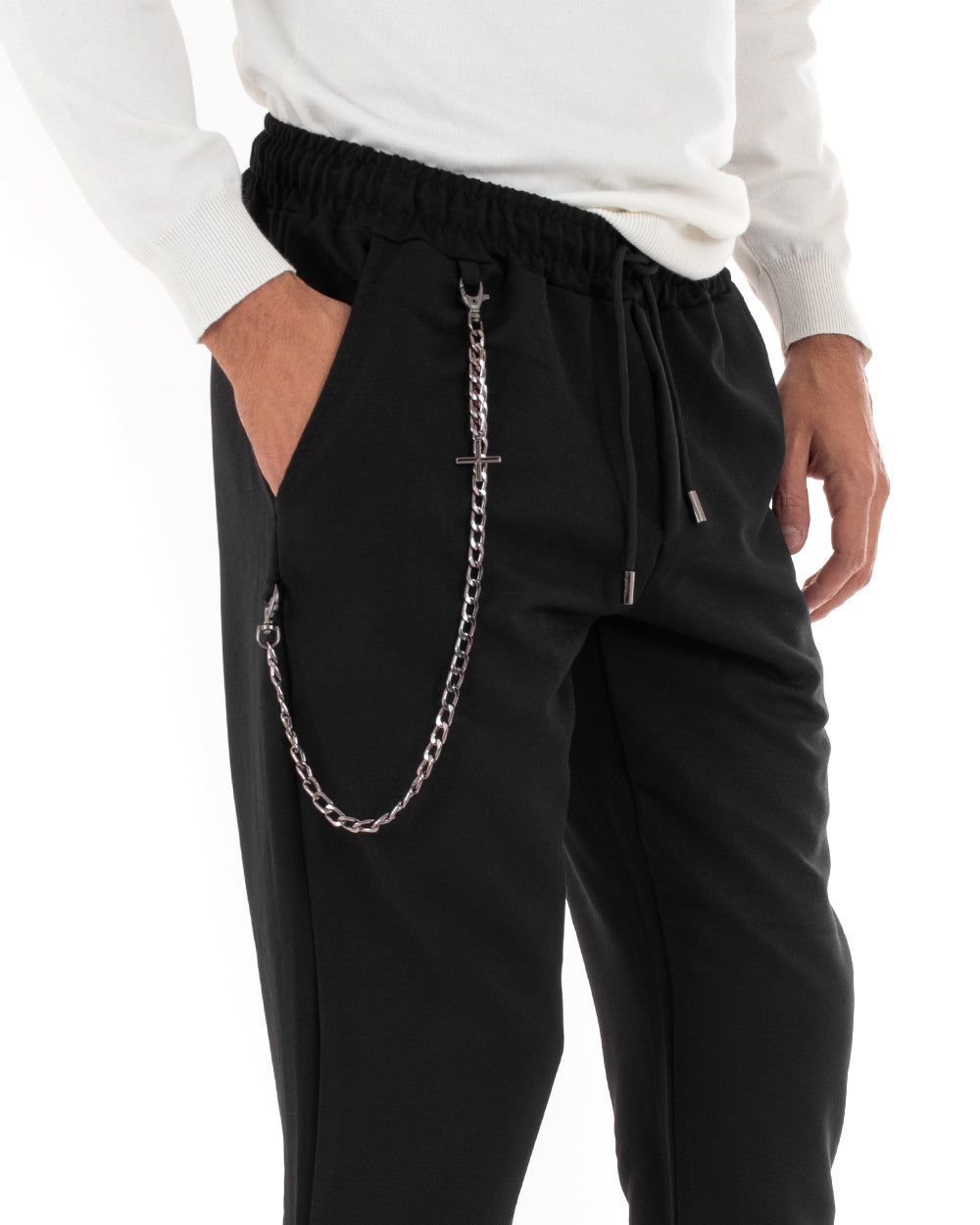 Men's Long Elastic Drawstring Pants Solid Color Chain Black GIOSAL