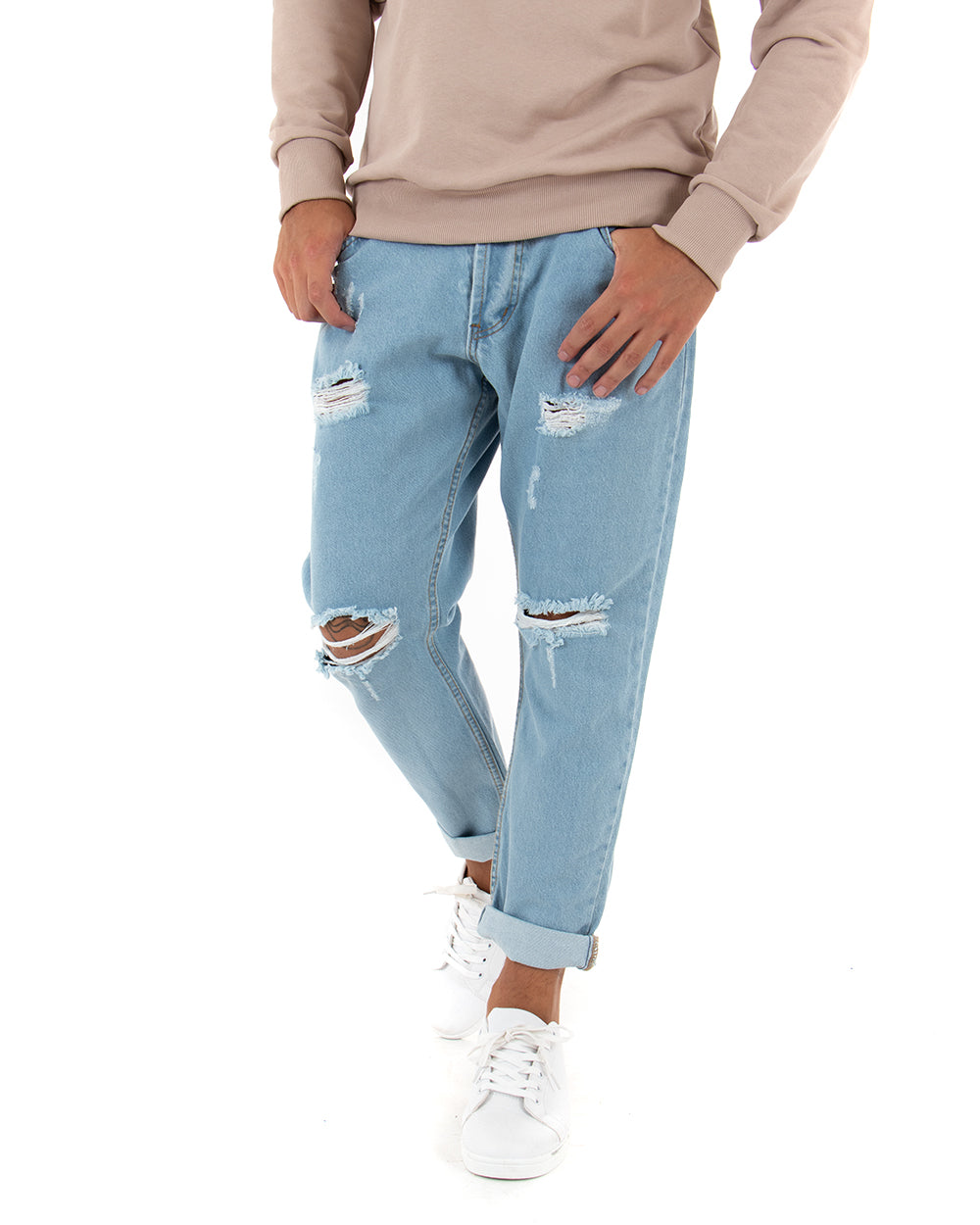 Pantaloni Jeans Uomo Loose Fit Denim Chiaro Con Rotture Cinque Tasche GIOSAL-P5053A