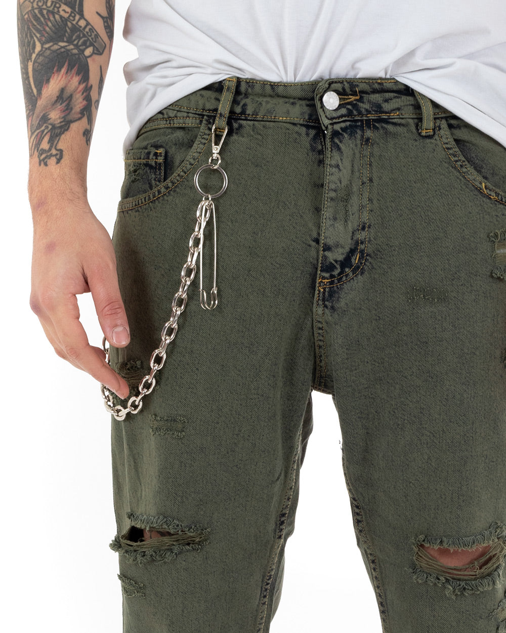 Pantaloni Jeans Uomo Slim Fit Verde Con Rotture Cinque Tasche GIOSAL-P5137A