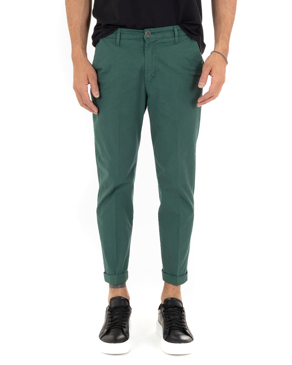 Men's Long Solid Color Bottle Green Trousers Casual Classic Basic America Pocket GIOSAL