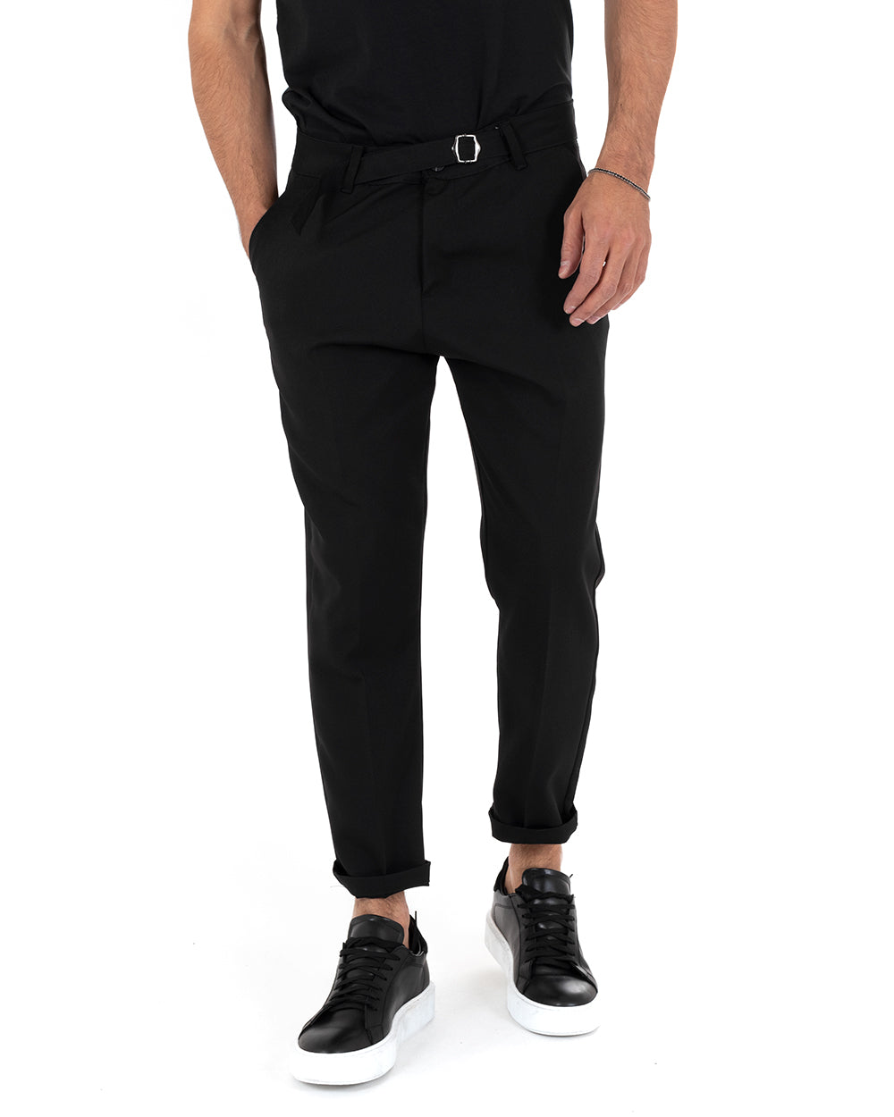 Long Men's Solid Color Black Viscose Trousers with Classic Buckle GIOSAL