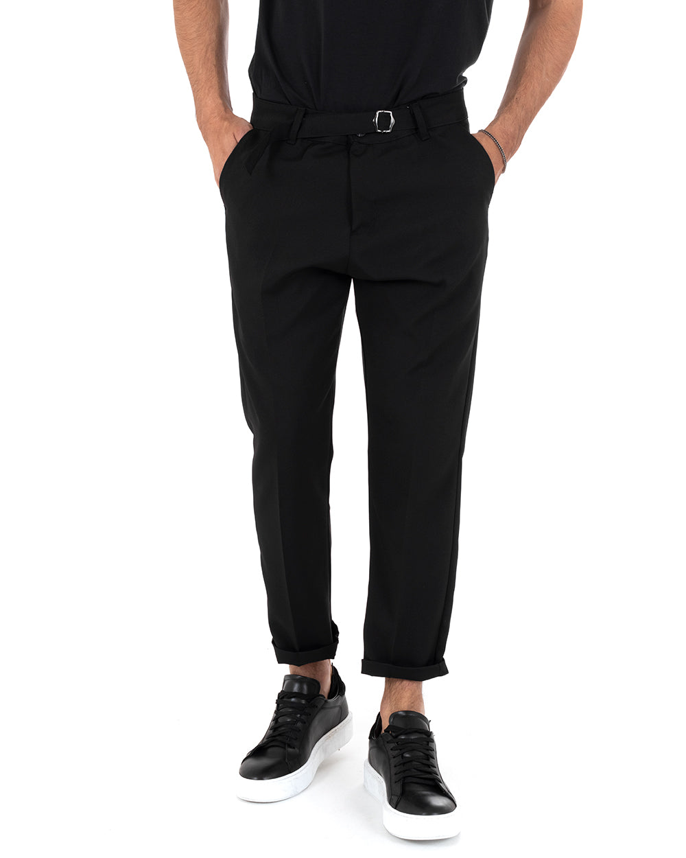 Long Men's Solid Color Black Viscose Trousers with Classic Buckle GIOSAL