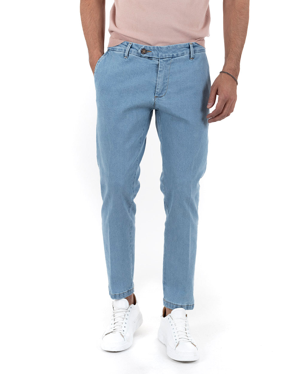 Pantaloni Uomo Jeans Tasca America Slim Fit Denim Chiaro Stone Washed GIOSAL-P5211A