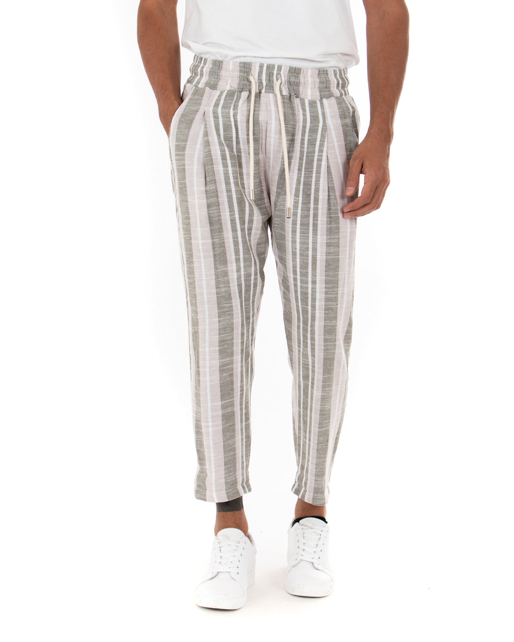 Men's Long Elastic Linen Striped Drawstring Trousers Green GIOSAL-P5234A