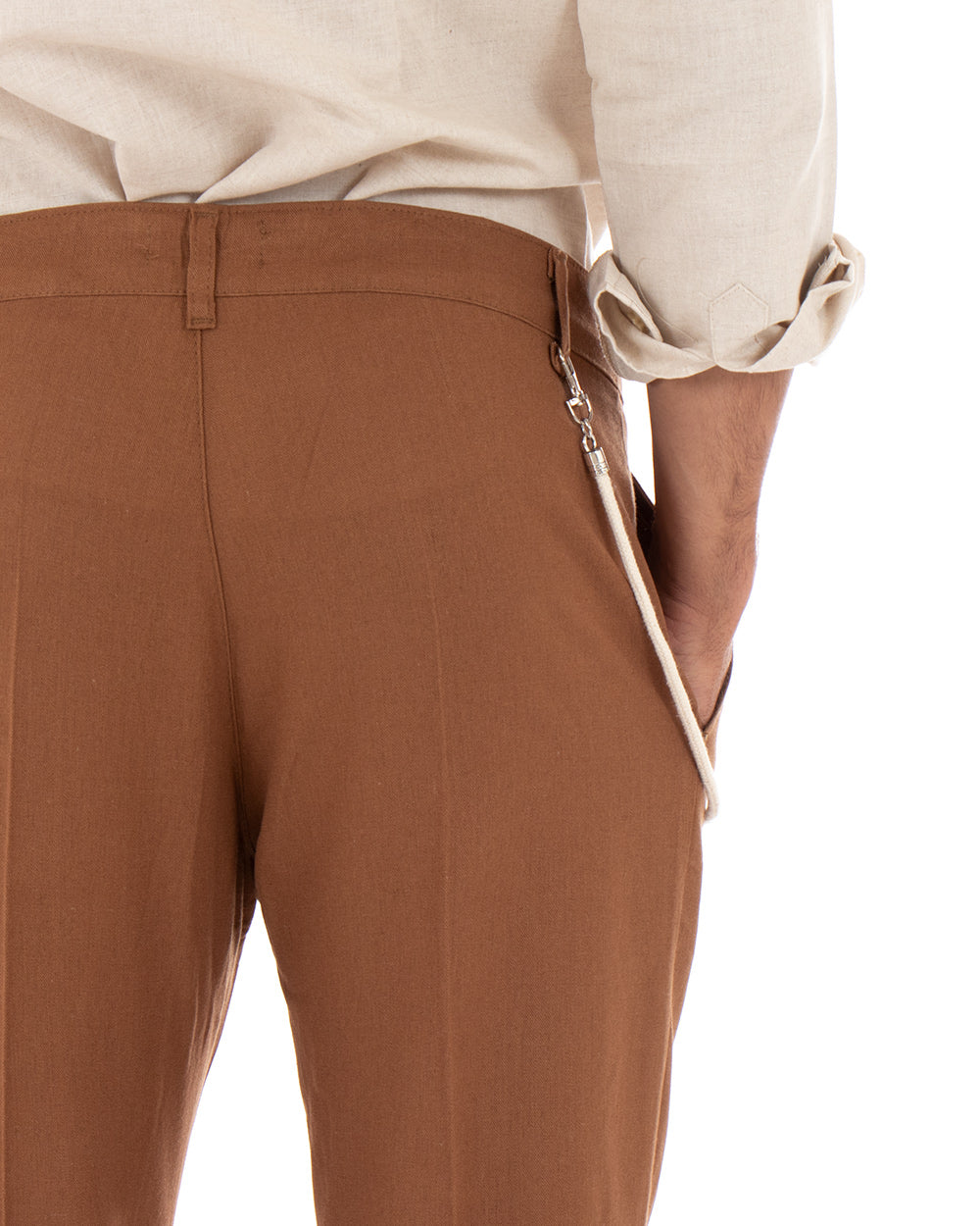 Pantaloni Uomo Lino Tasca America Abbottonatura Allungata Classico Elegante Camel GIOSAL-P5255A