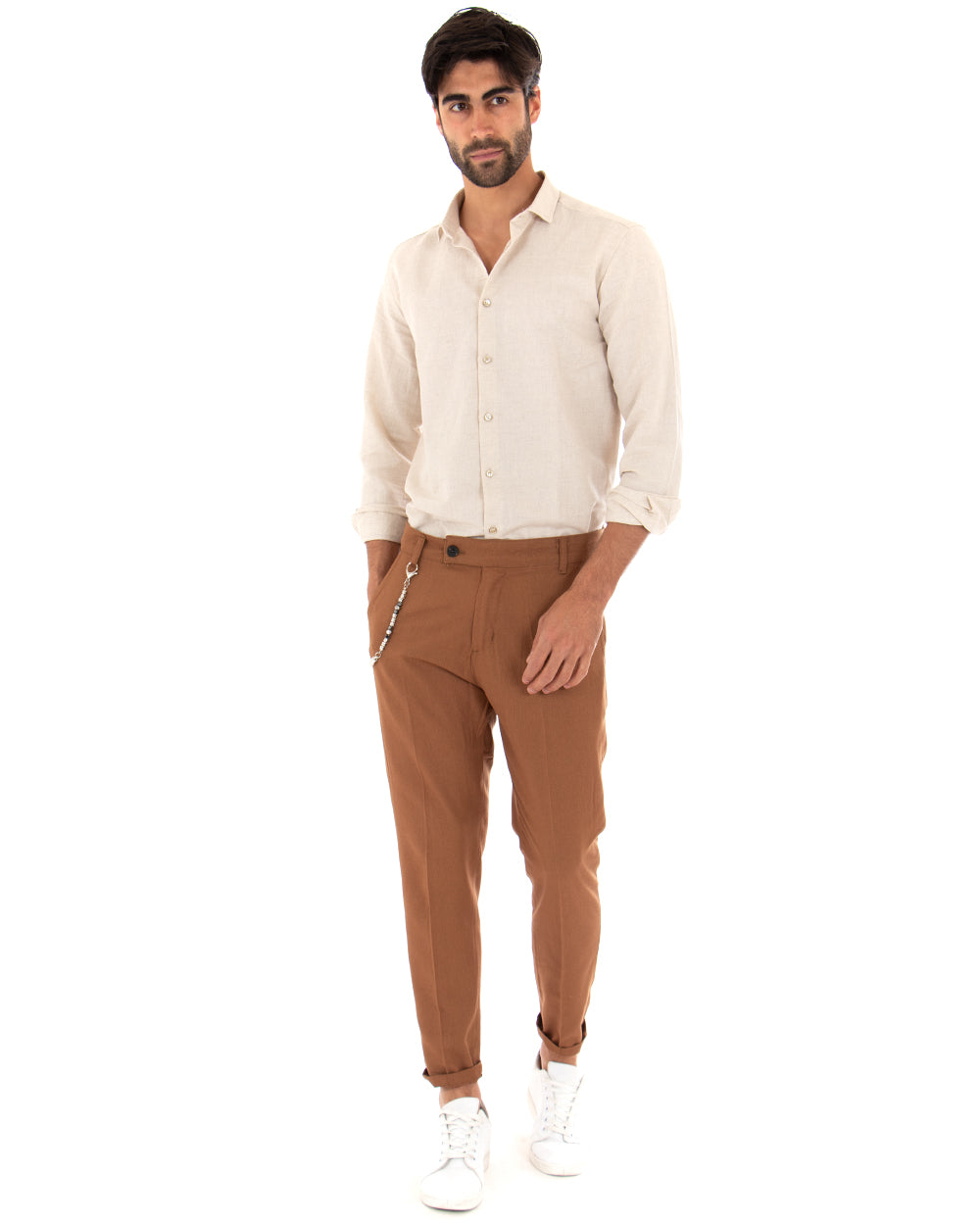 Men's Linen Trousers Classic Elongated Button Solid Color Camel Elegant GIOSAL