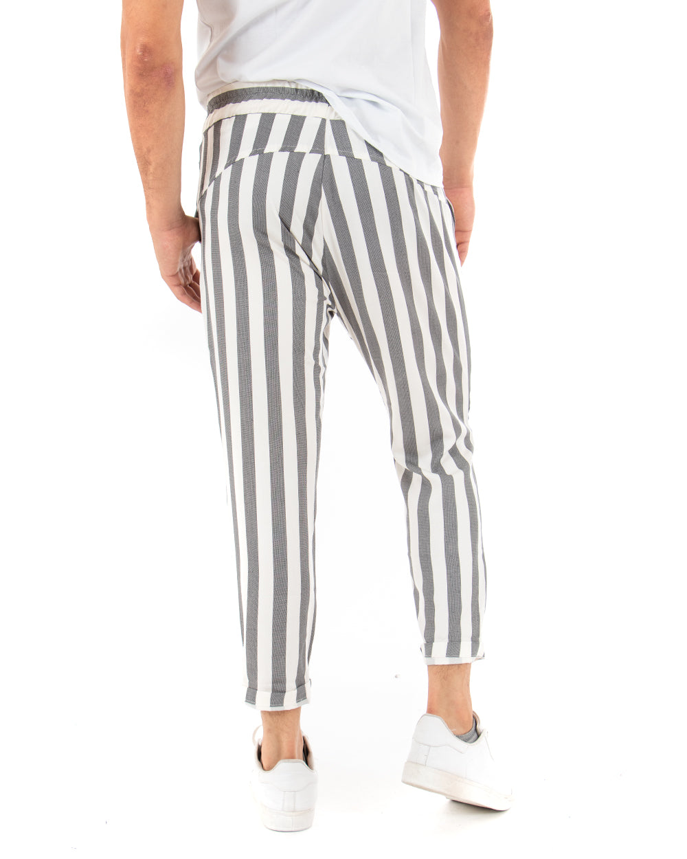 Paul Barrell Long Men's Trousers Striped Black Elastic Drawstring Cotton GIOSAL-P5267A