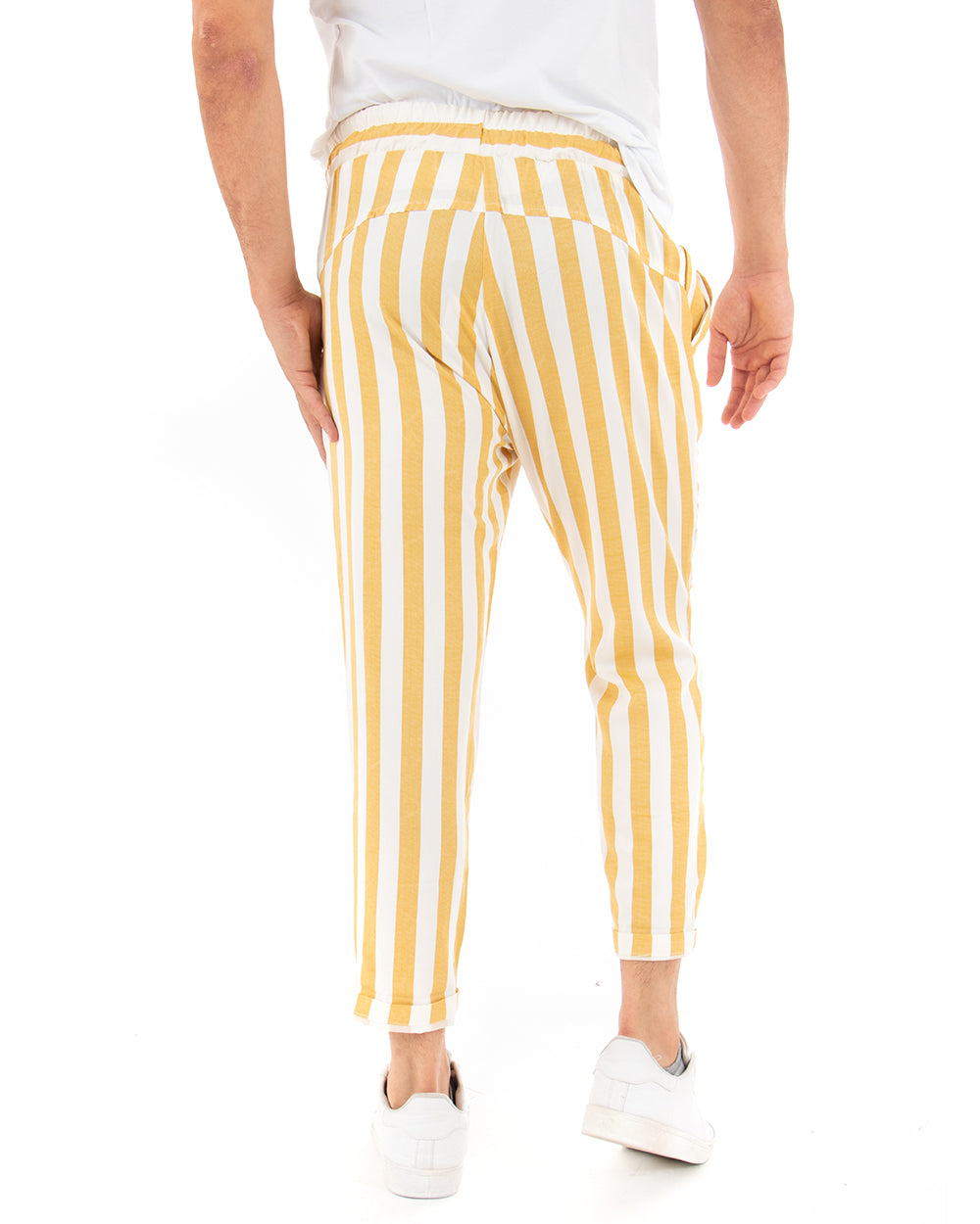 Paul Barrell Long Men's Trousers Yellow Striped Elastic Drawstring Cotton GIOSAL