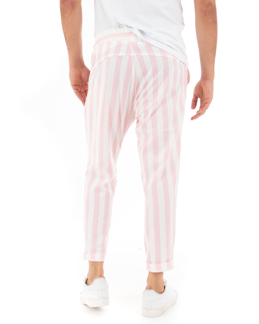 Paul Barrell Men's Long Trousers Pink Striped Elastic Drawstring Cotton GIOSAL