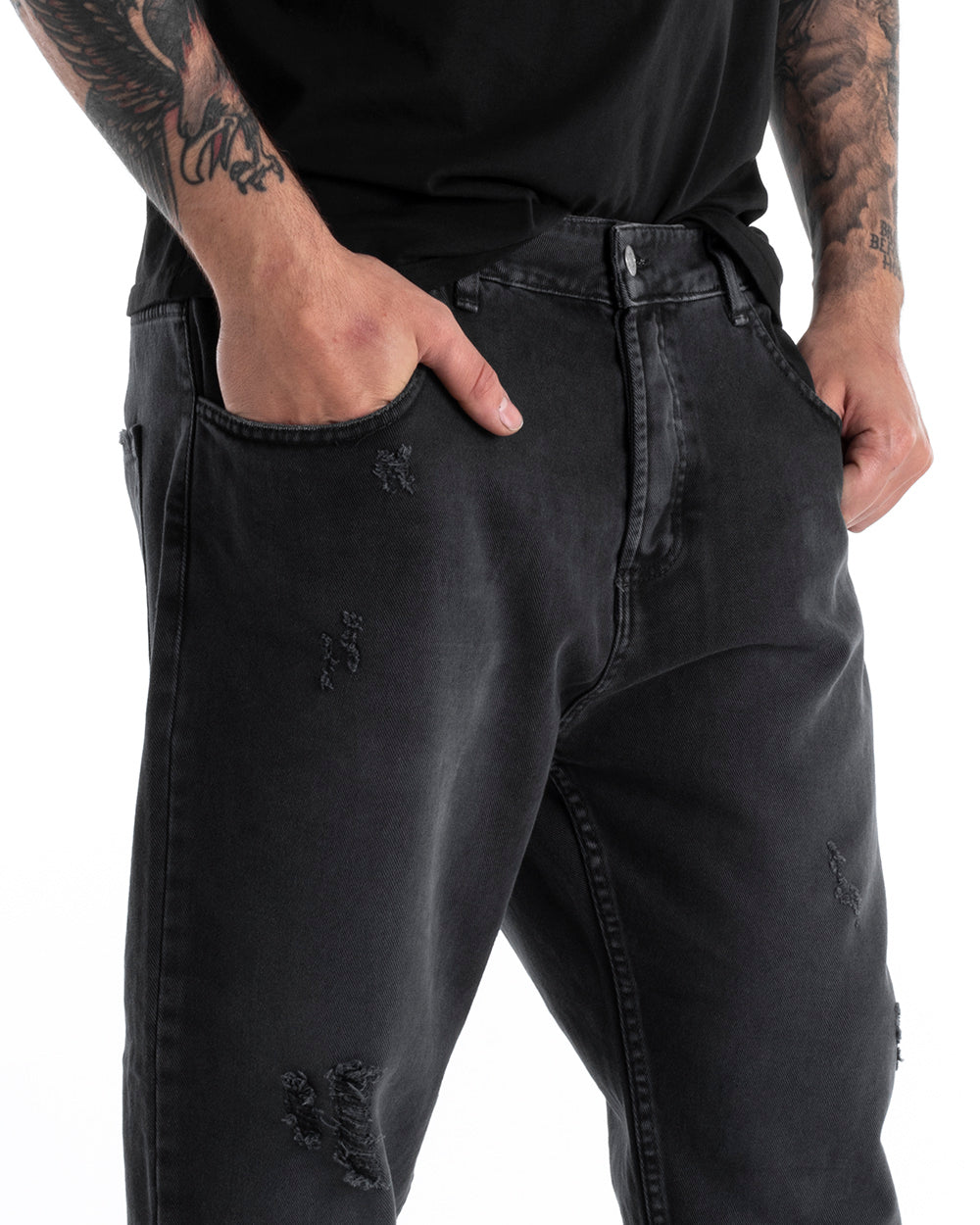 Pantaloni Jeans Uomo Loose Fit Denim Nero Stone Washed Cinque Tasche GIOSAL-P5278A