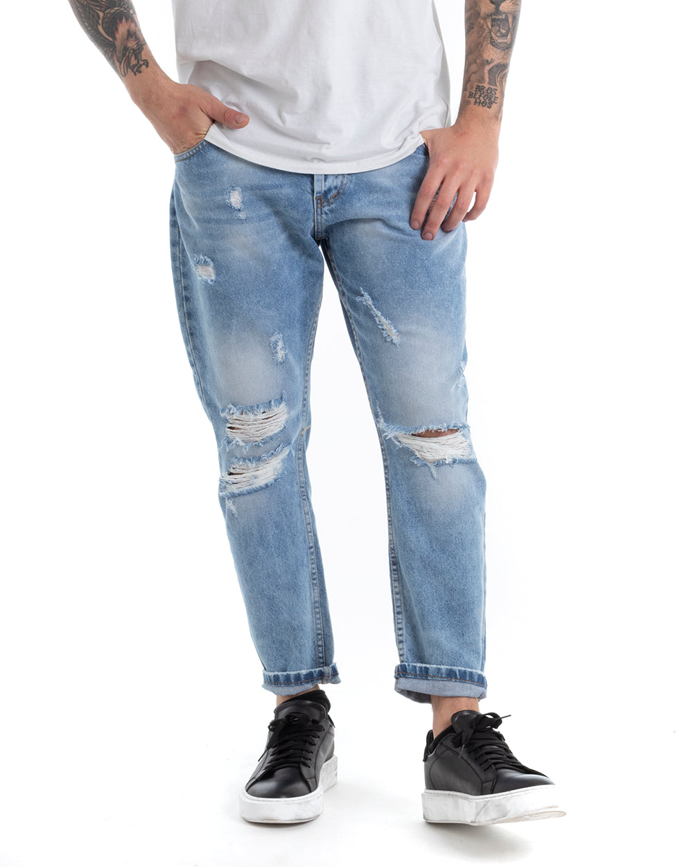 Pantaloni Jeans Uomo Loose Fit Denim Con Rotture Cinque Tasche Casual GIOSAL-P5308A