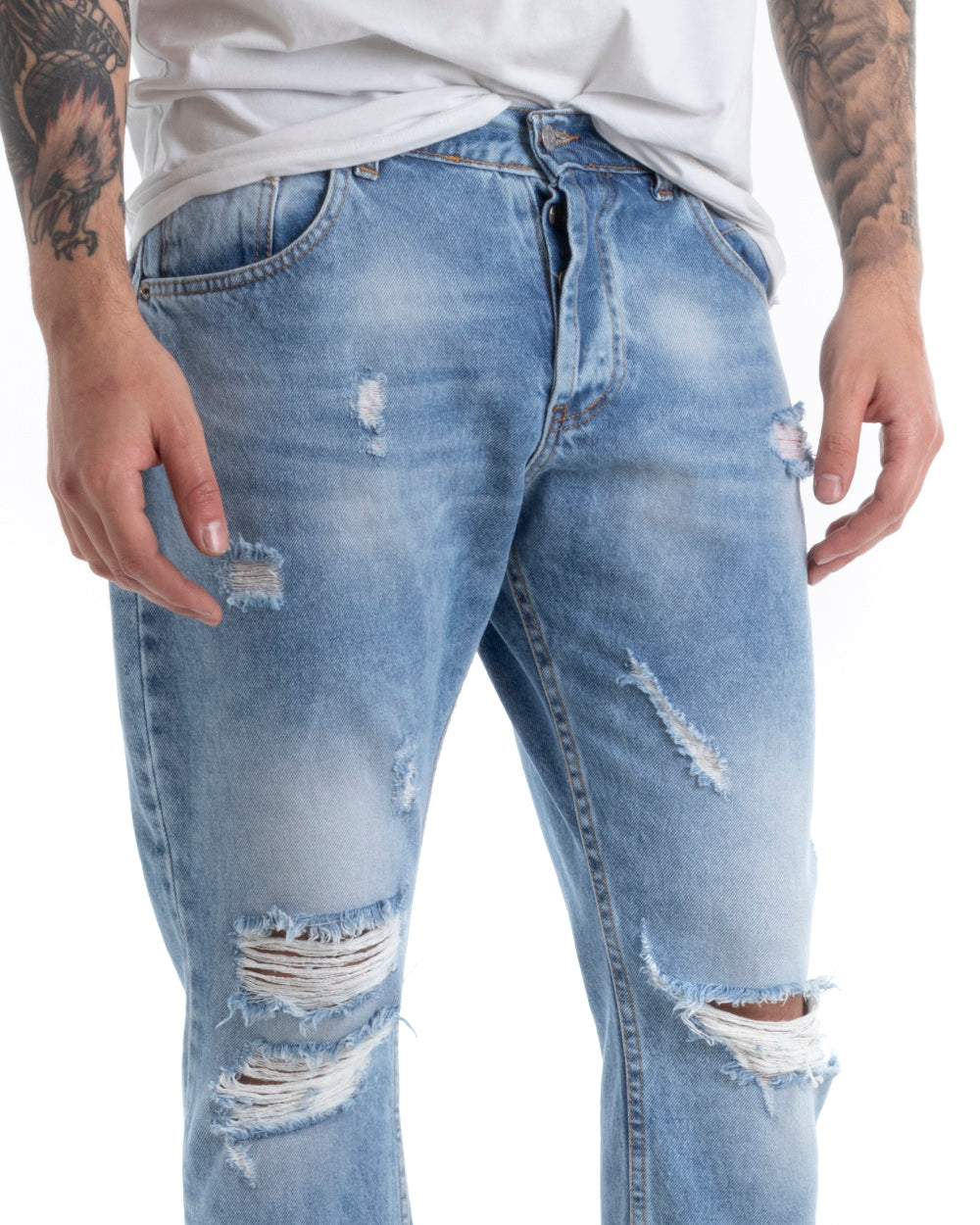 Pantaloni Jeans Uomo Loose Fit Denim Con Rotture Cinque Tasche Casual GIOSAL-P5308A