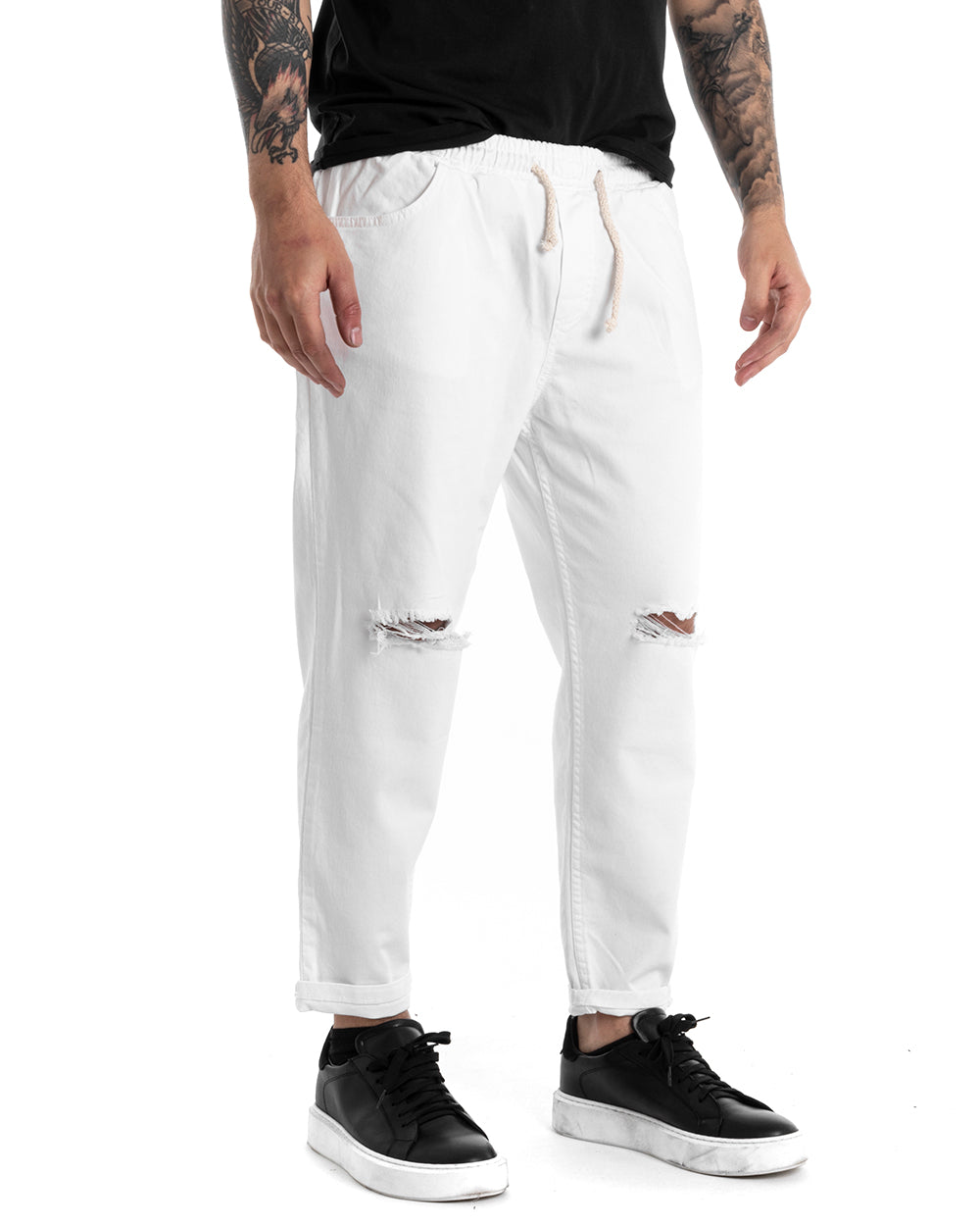 Pantaloni Jeans Uomo Regular Fit Bianco Pantalaccio Taglio al Ginocchio Casual GIOSAL-P5373A