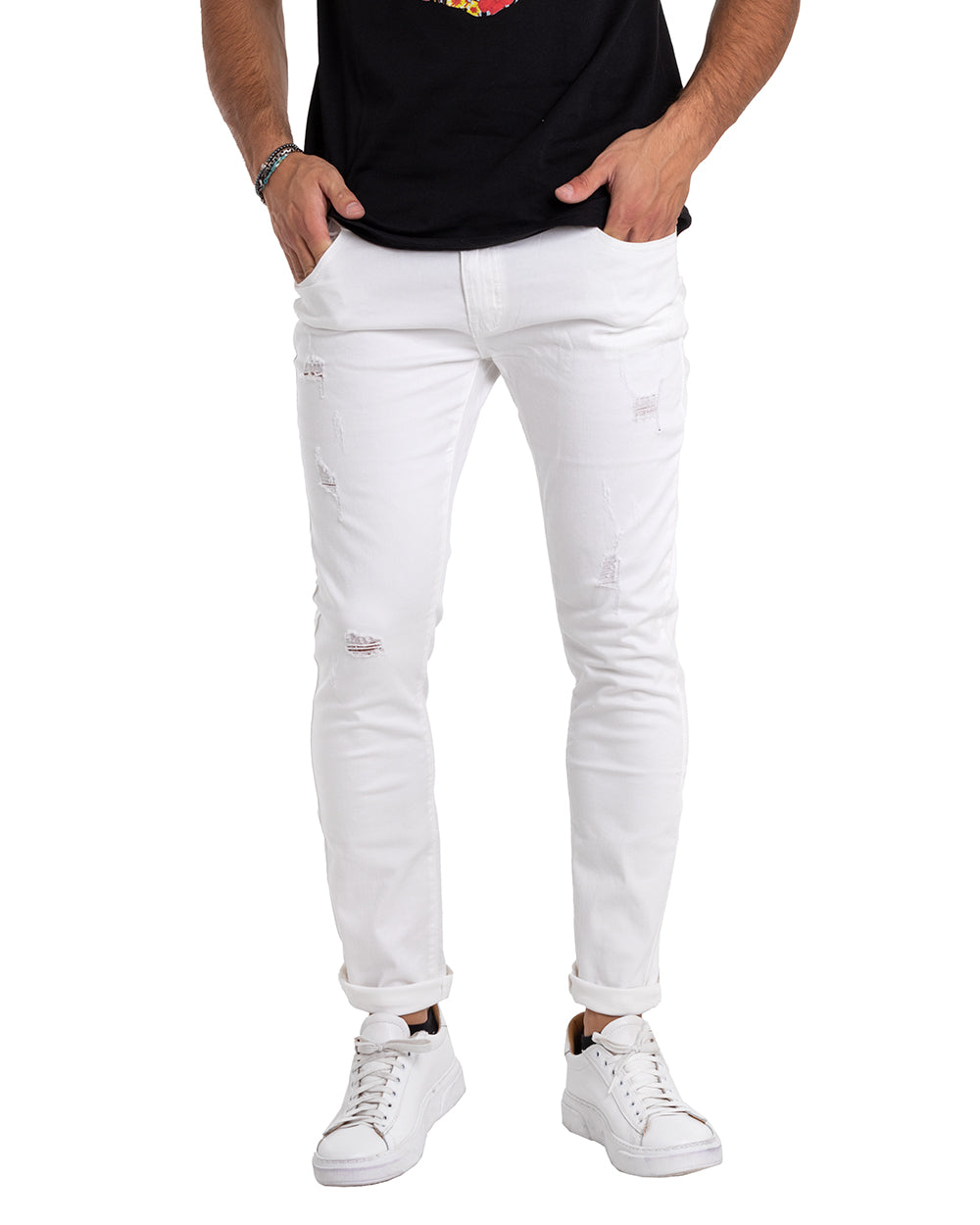 Pantaloni Jeans Uomo Slim Fit Bianco Rotture Abrasioni Cinque Tasche Casual GIOSAL-P5374A