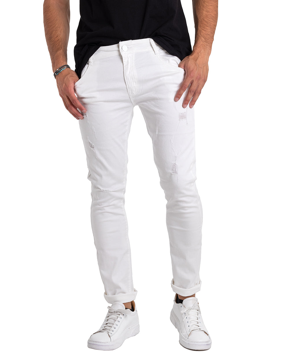 Pantaloni Jeans Uomo Slim Fit Bianco Rotture Abrasioni Cinque Tasche Casual GIOSAL-P5374A