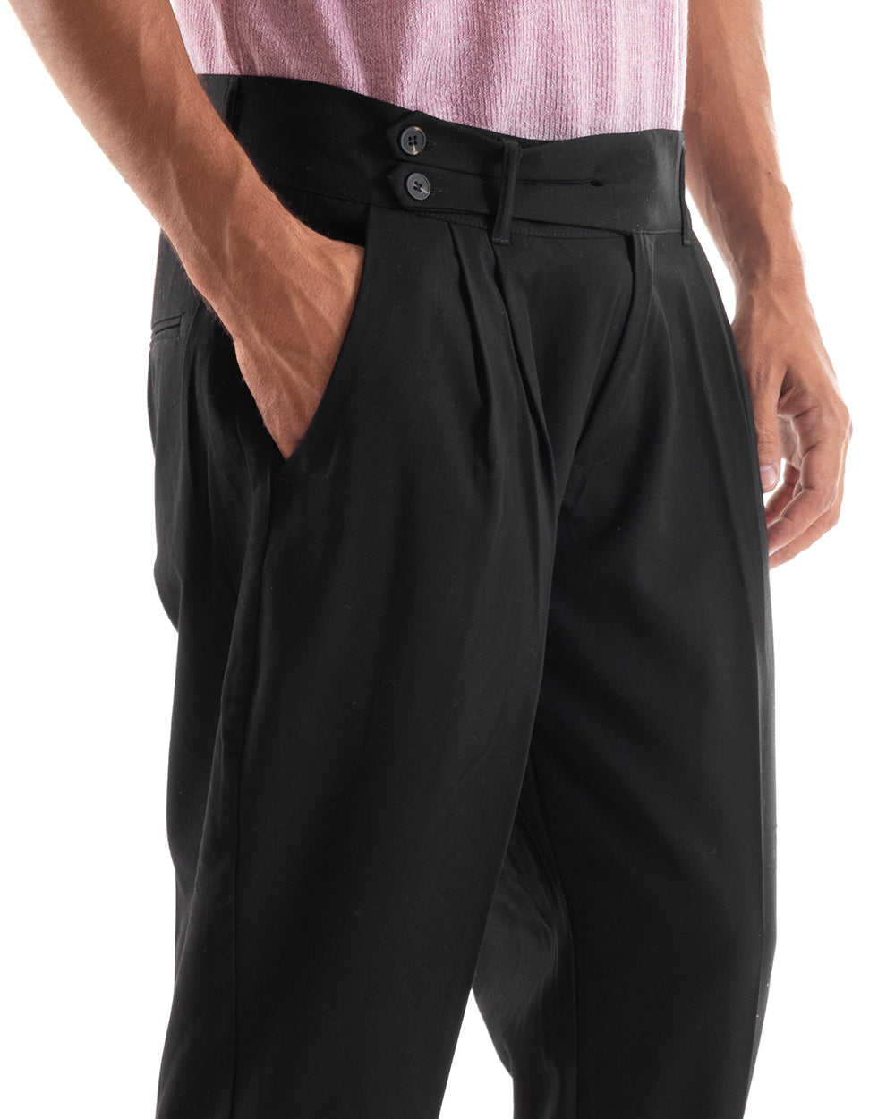 Pantaloni Uomo Abbottonatura Allungata Fibbia Alta Classico Pinces Elegante Nero GIOSAL-P5380A