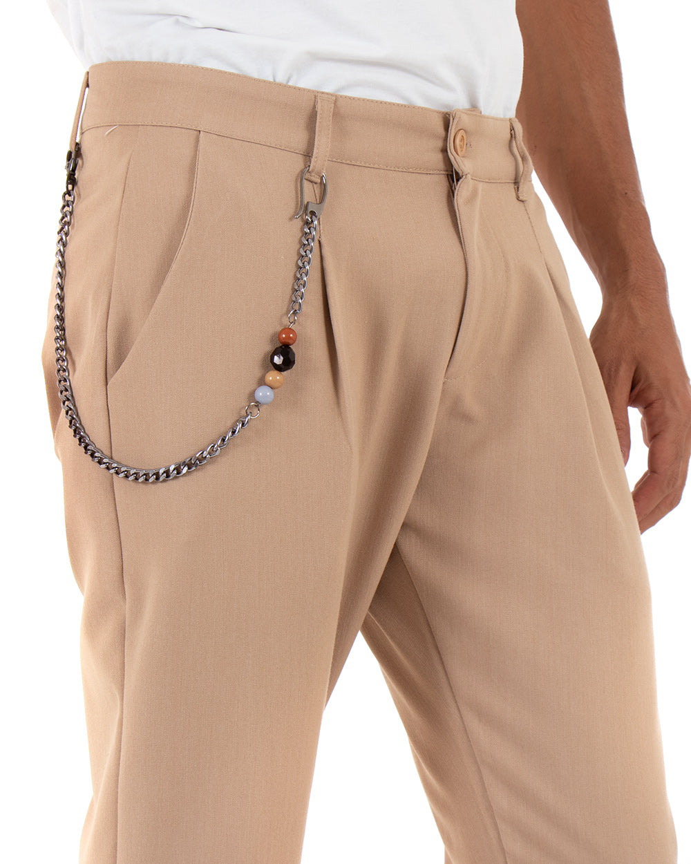 Pantaloni Uomo Tasca America Viscosa Camel Capri Casual Classico Pinces GIOSAL-P5429A