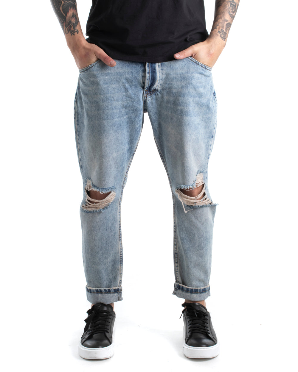 Pantaloni Jeans Uomo Stright Fit Lavaggio Chiaro Sabbiato Stone Washed Cinque Tasche Con Rotture Denim GIOSAL-P5443A