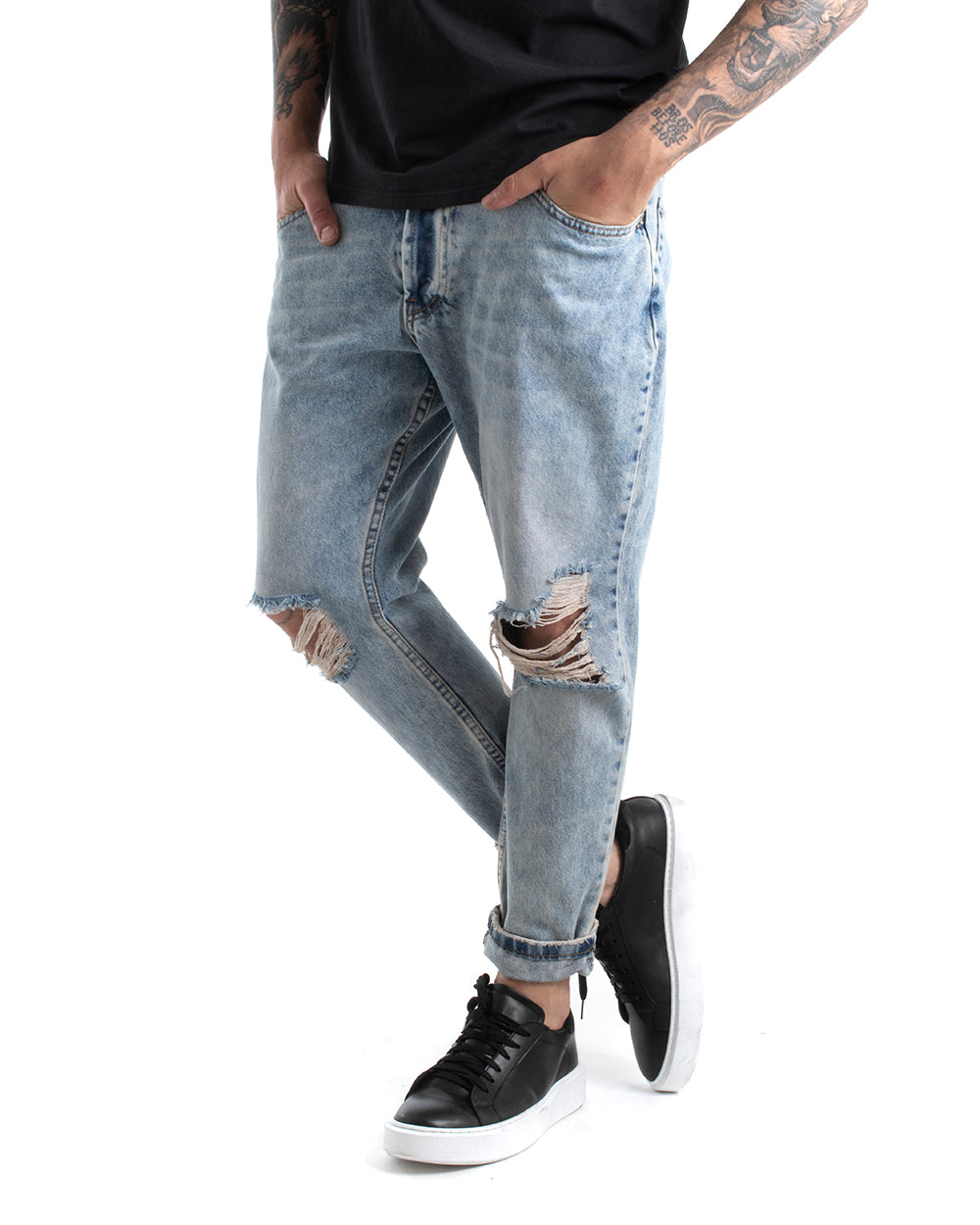 Pantaloni Jeans Uomo Stright Fit Lavaggio Chiaro Sabbiato Stone Washed Cinque Tasche Con Rotture Denim GIOSAL-P5443A