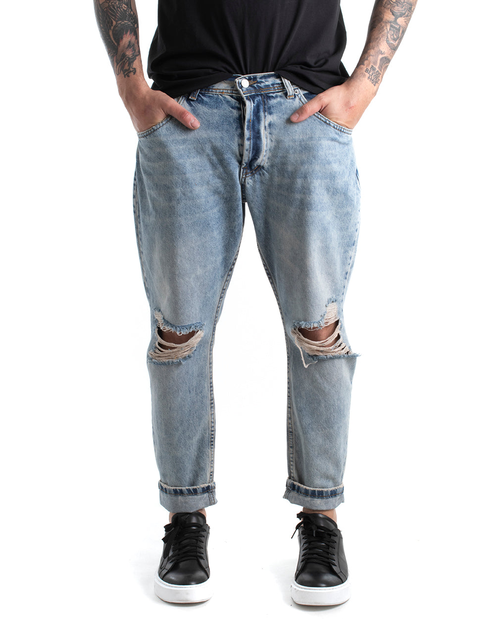 Pantaloni Jeans Uomo Stright Fit Lavaggio Chiaro Sabbiato Stone Washed Cinque Tasche Con Rotture Denim GIOSAL-P5443A