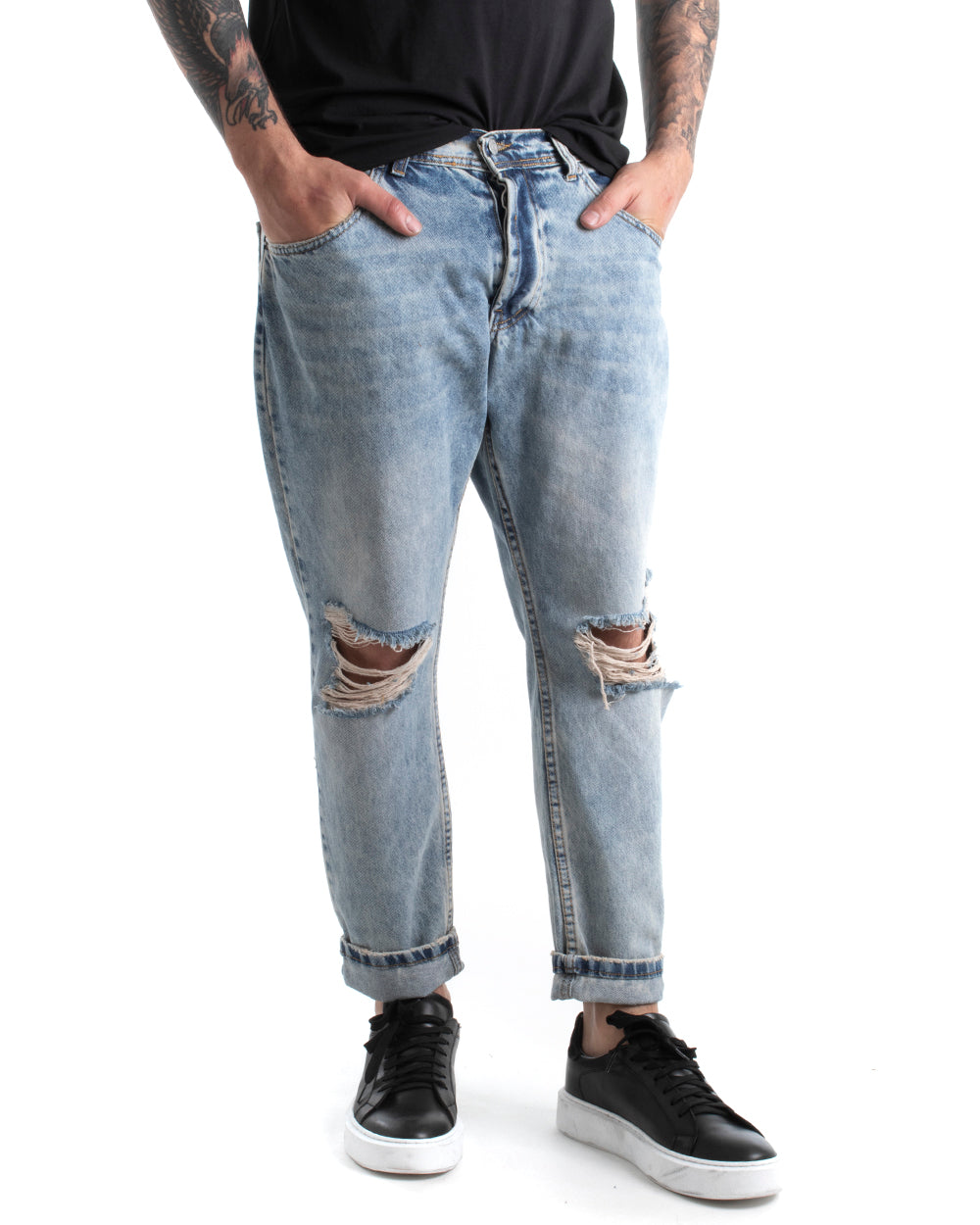 Pantaloni Jeans Uomo Stright Fit Lavaggio Chiaro Sabbiato Stone Washed Cinque Tasche Con Rotture Denim GIOSAL-P5443A