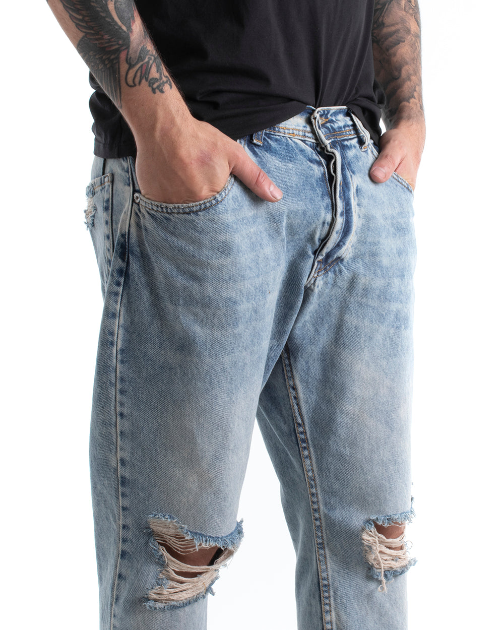 Pantaloni Jeans Uomo Stright Fit Lavaggio Chiaro Sabbiato Stone Washed Cinque Tasche Con Rotture Denim GIOSAL-P5443A