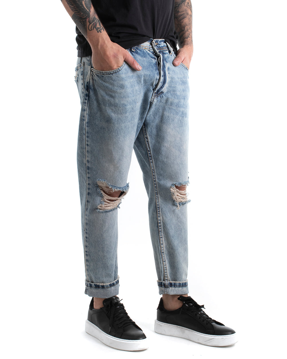 Pantaloni Jeans Uomo Stright Fit Lavaggio Chiaro Sabbiato Stone Washed Cinque Tasche Con Rotture Denim GIOSAL-P5443A