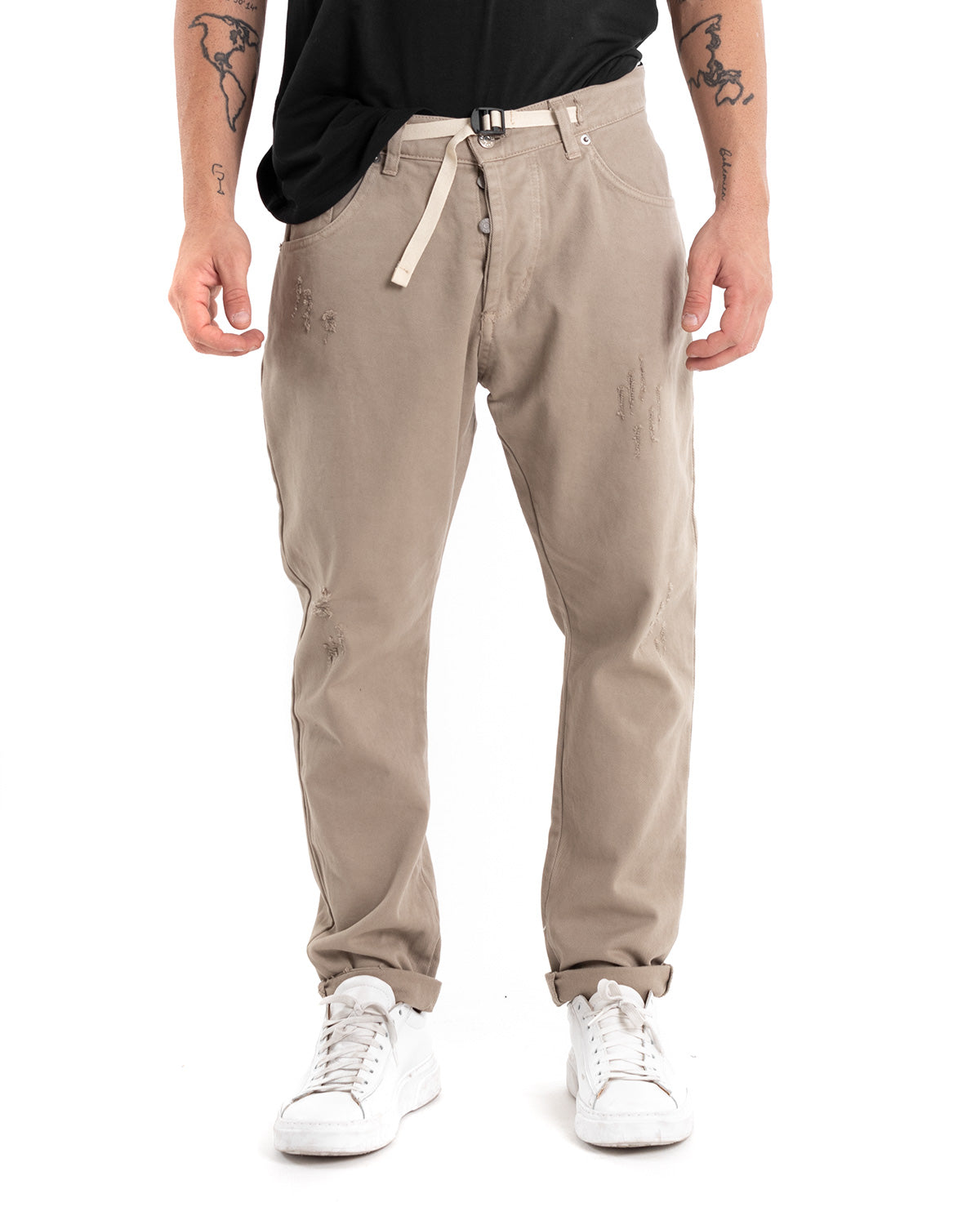 Men's Jeans Trousers With Rips Loose Fit Beige Five Pockets Casual GIOSAL-P5461A