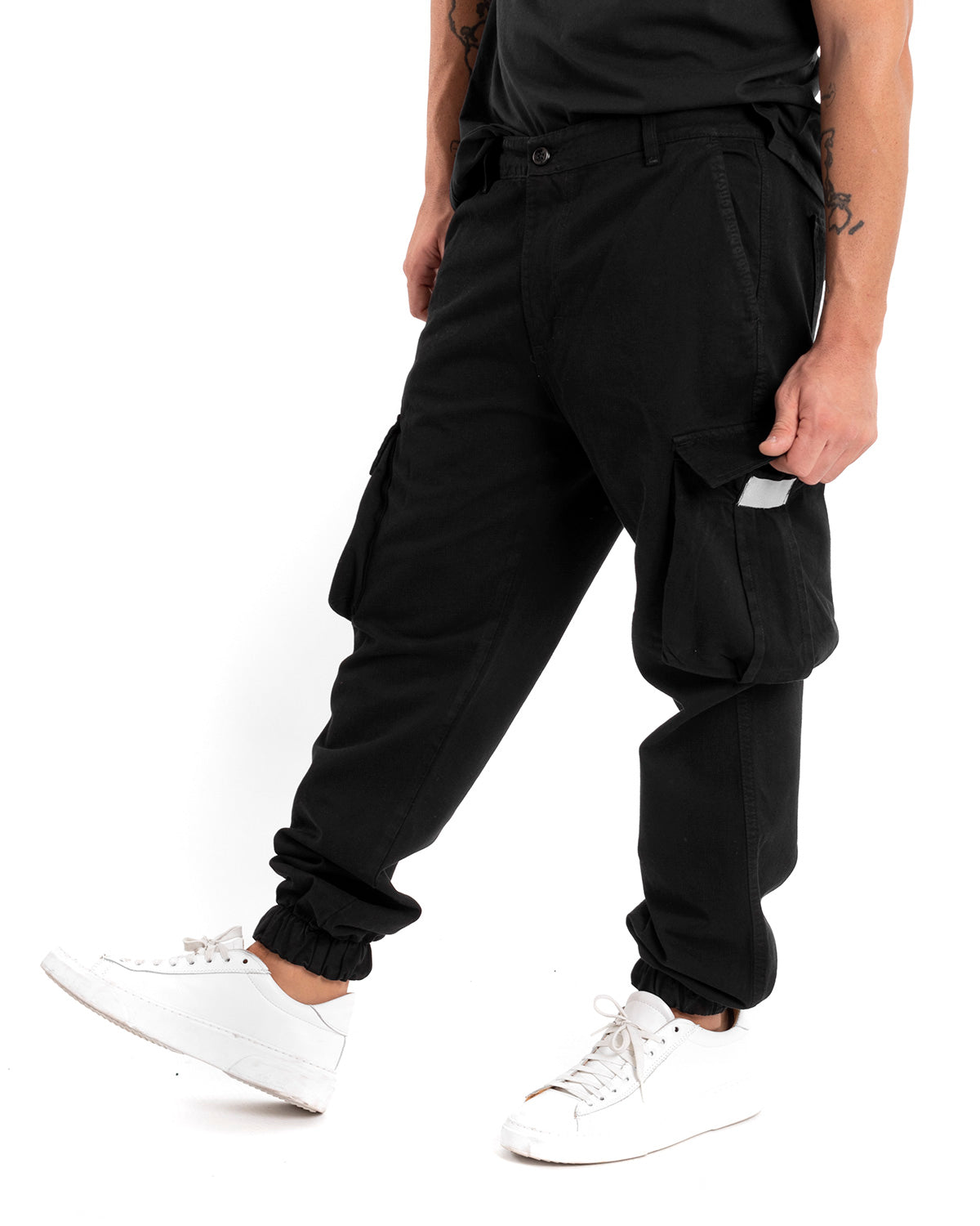 Men's Long Cargo Pants with Pockets Solid Color Black Casual GIOSAL