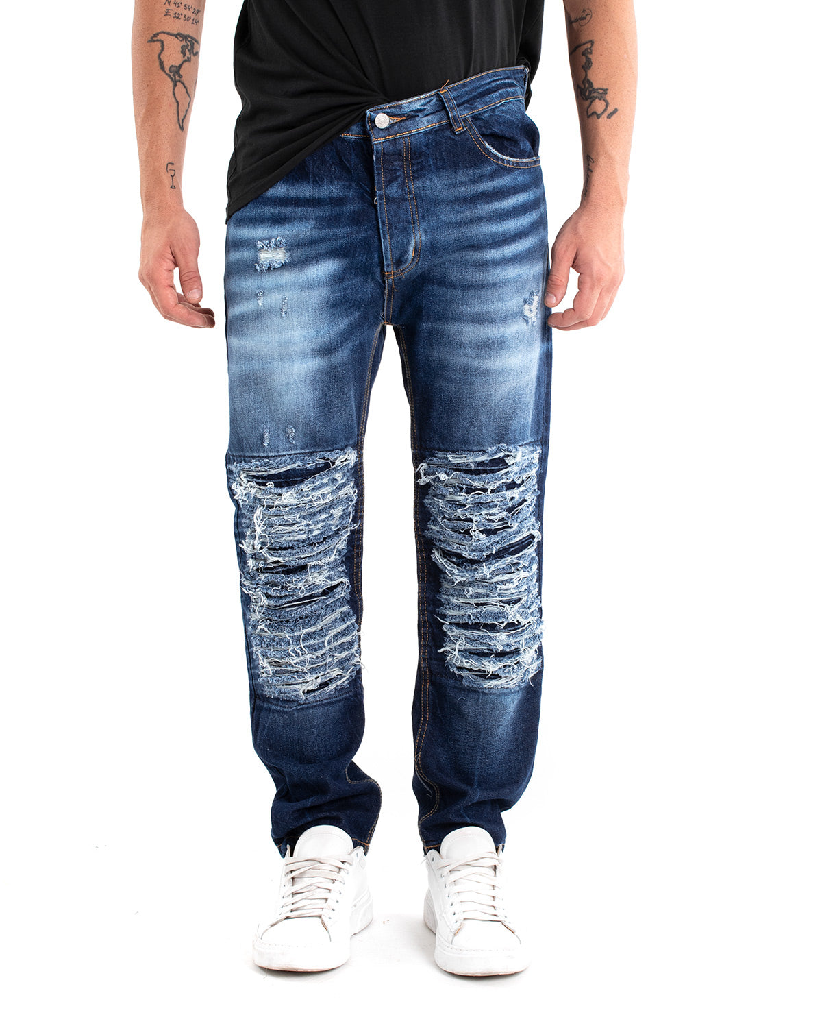 Pantaloni Jeans Uomo Loose Fit Sfumato Ripped Denim Scuro Cinque Tasche GIOSAL-P5482A