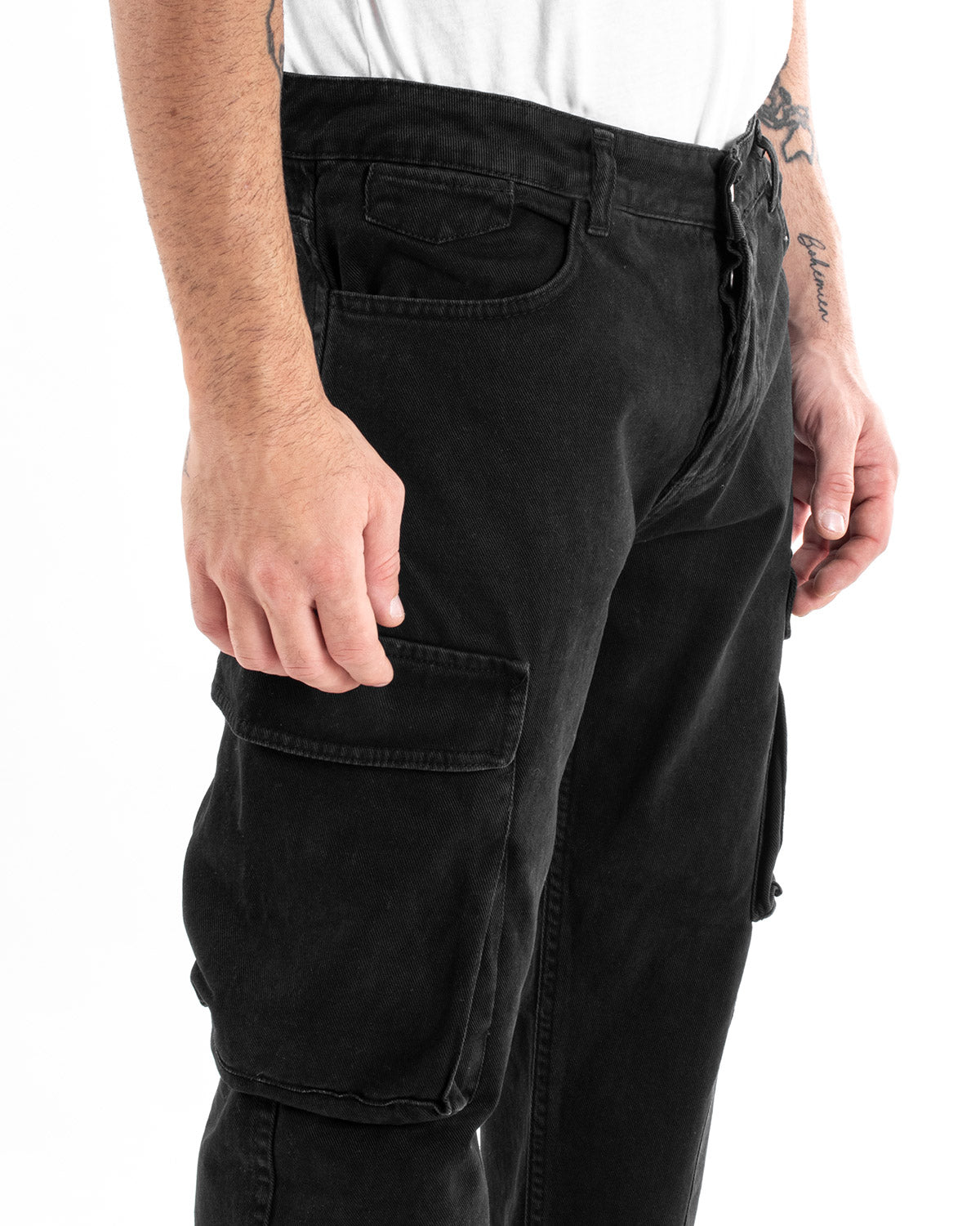 Pantaloni Jeans Uomo Straight Fit Cargo Nero Cinque Tasche Casual GIOSAL-P5549A
