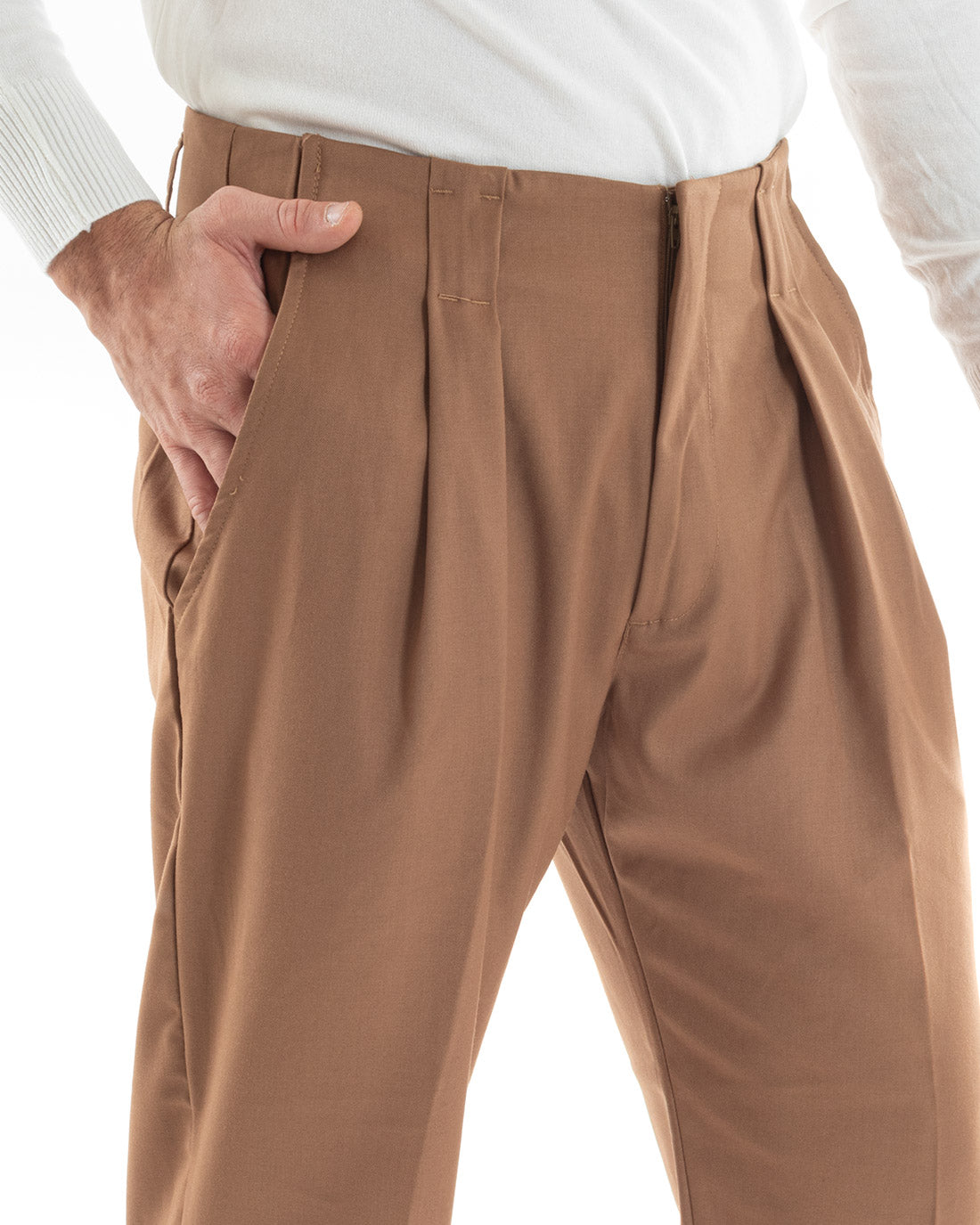 Classic Men's Long Pleated Trousers Solid Color Camel America Pocket GIOSAL