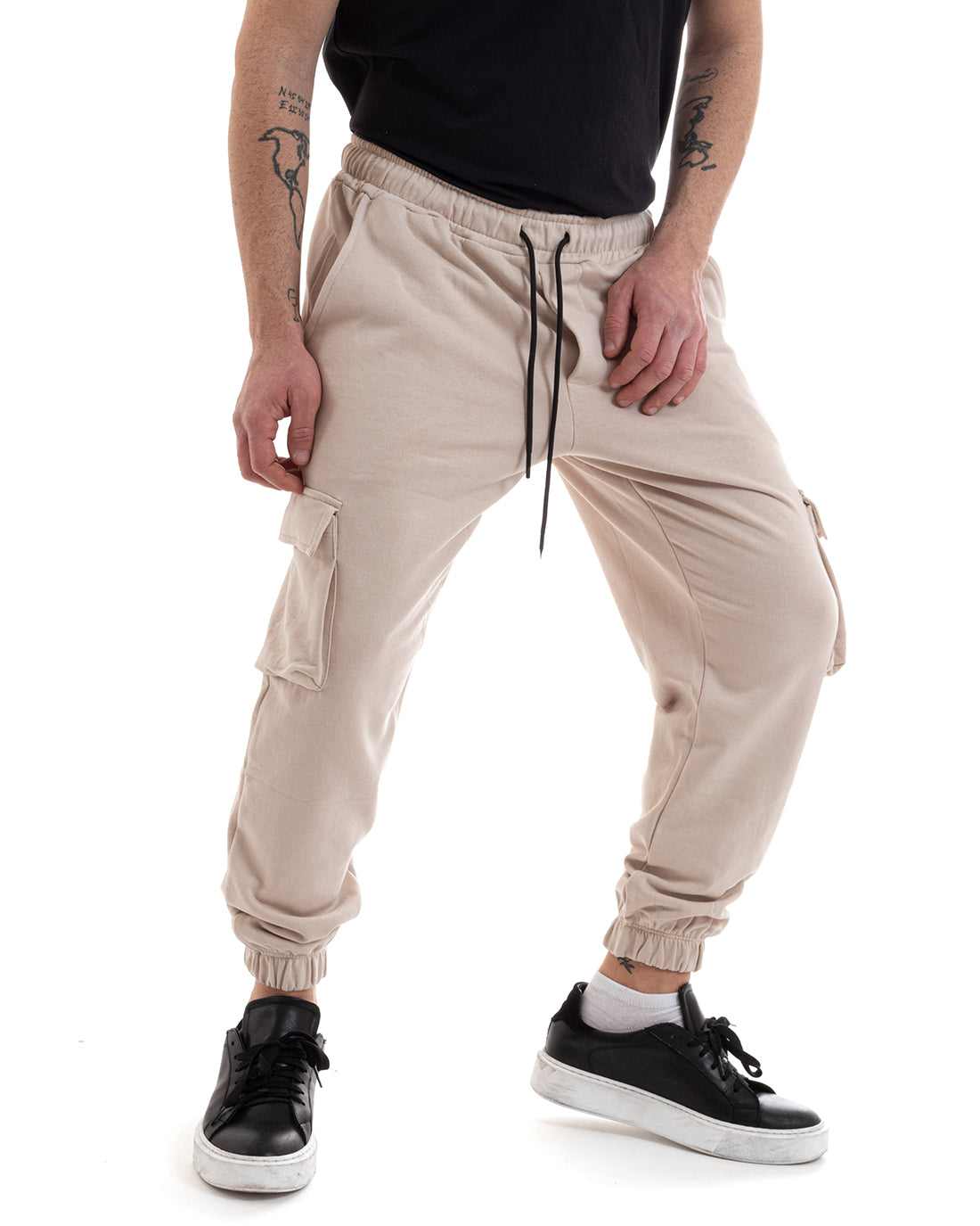 Men's Long Cargo Pants Solid Color Beige Casual Elastic GIOSAL-P5621A
