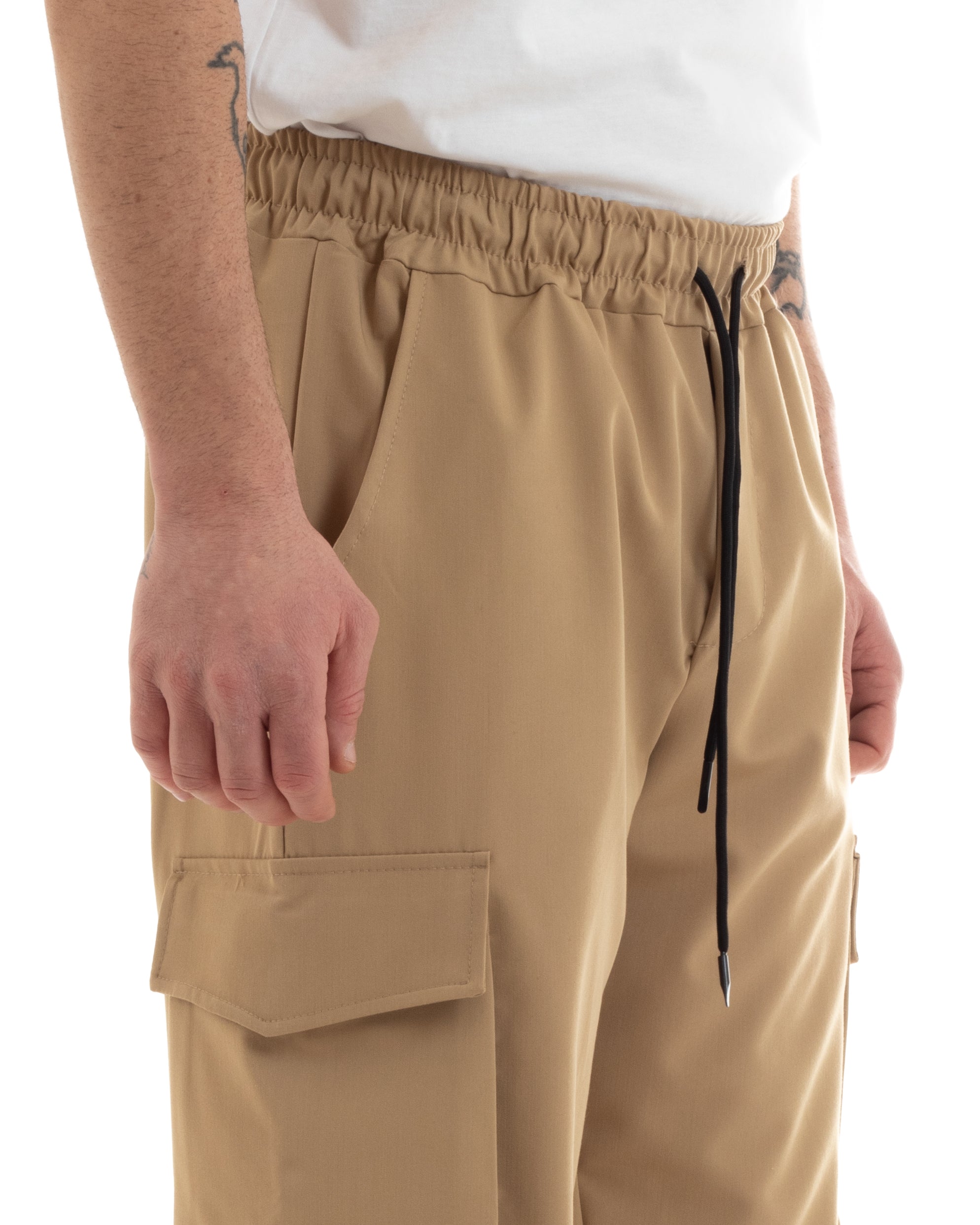 Men's Long Cargo Trousers Viscose Solid Color Camel Elastic GIOSAL-P5651A